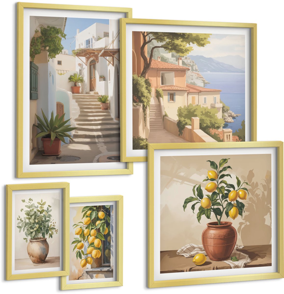 Coloray 5-Delige Schilderij Set - Stijlvol Interieur Met Planten En Pittoreske Straatjes - 50 x 50 cm, 20 x 30 cm En 40 x 60 cm - Stijlvolle Wanddecoratie - Interieur - Decoratieve Schilderijen
