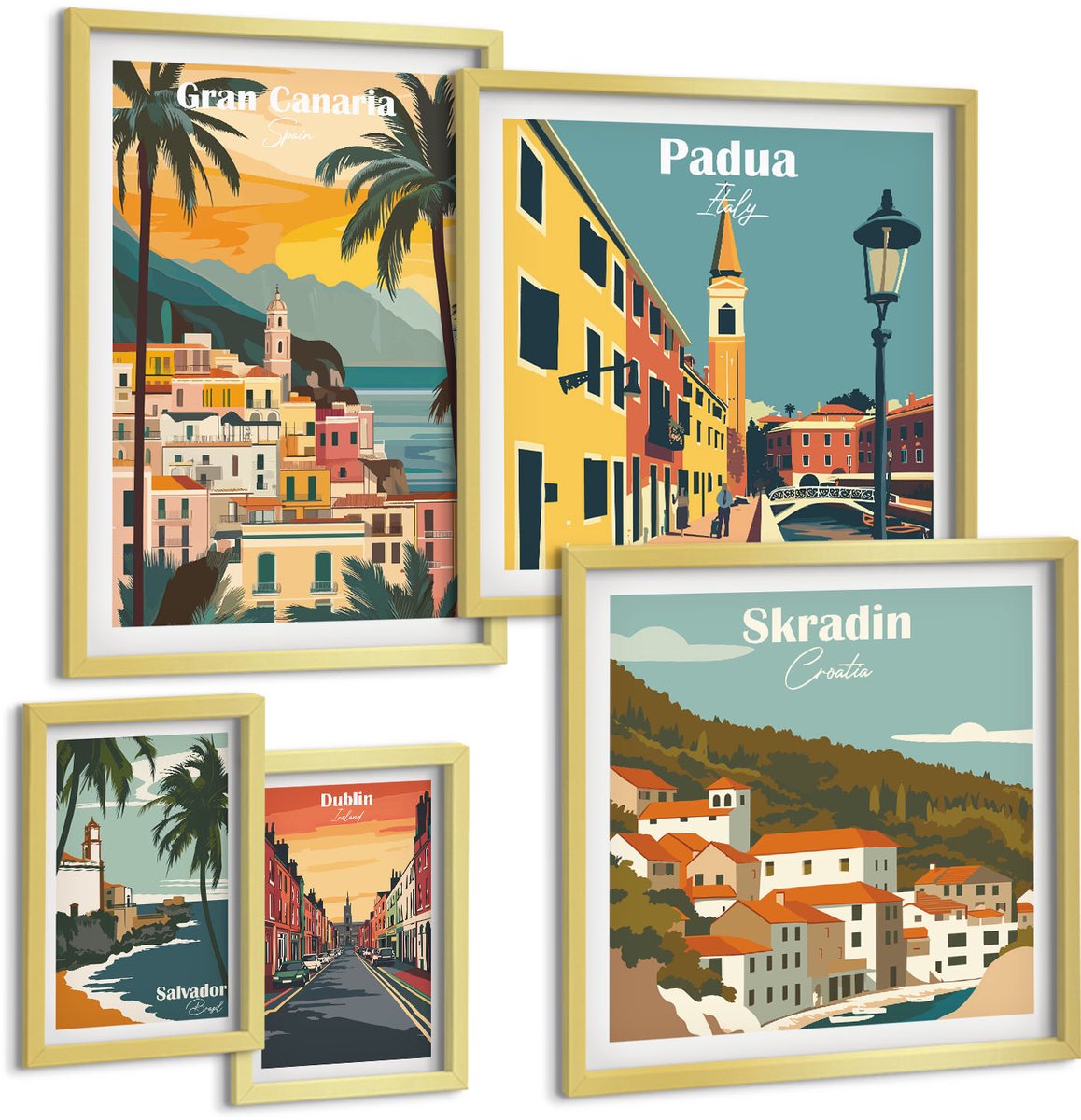 Coloray 5-Delige Schilderij Set - Europese Stadsgezichten En Pittoreske Uitzichten - 50 x 50 cm, 20 x 30 cm En 40 x 60 cm - Decoratieve Muurdecoratie - Slaapkamer - Wanddecoratie