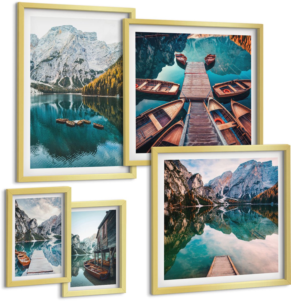 Coloray 5-Delige Schilderij Set - Bergmeren Met Houten Boten In Een Natuurlijke Stijl - 50 x 50 cm, 20 x 30 cm En 40 x 60 cm - Muurdecoratie - Wanddecoratie - Slaapkamer
