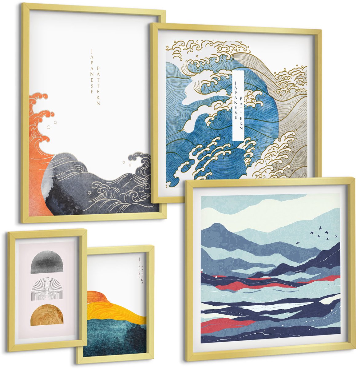 Coloray 5-Delige Schilderij Set - Abstracte Decoratieve Patronen Met Golven En Bergen In Japanse Stijl - 50 x 50 cm, 20 x 30 cm En 40 x 60 cm - Stijlvolle Muurdecoratie - Slaapkamer - Woonkamer Decoratie