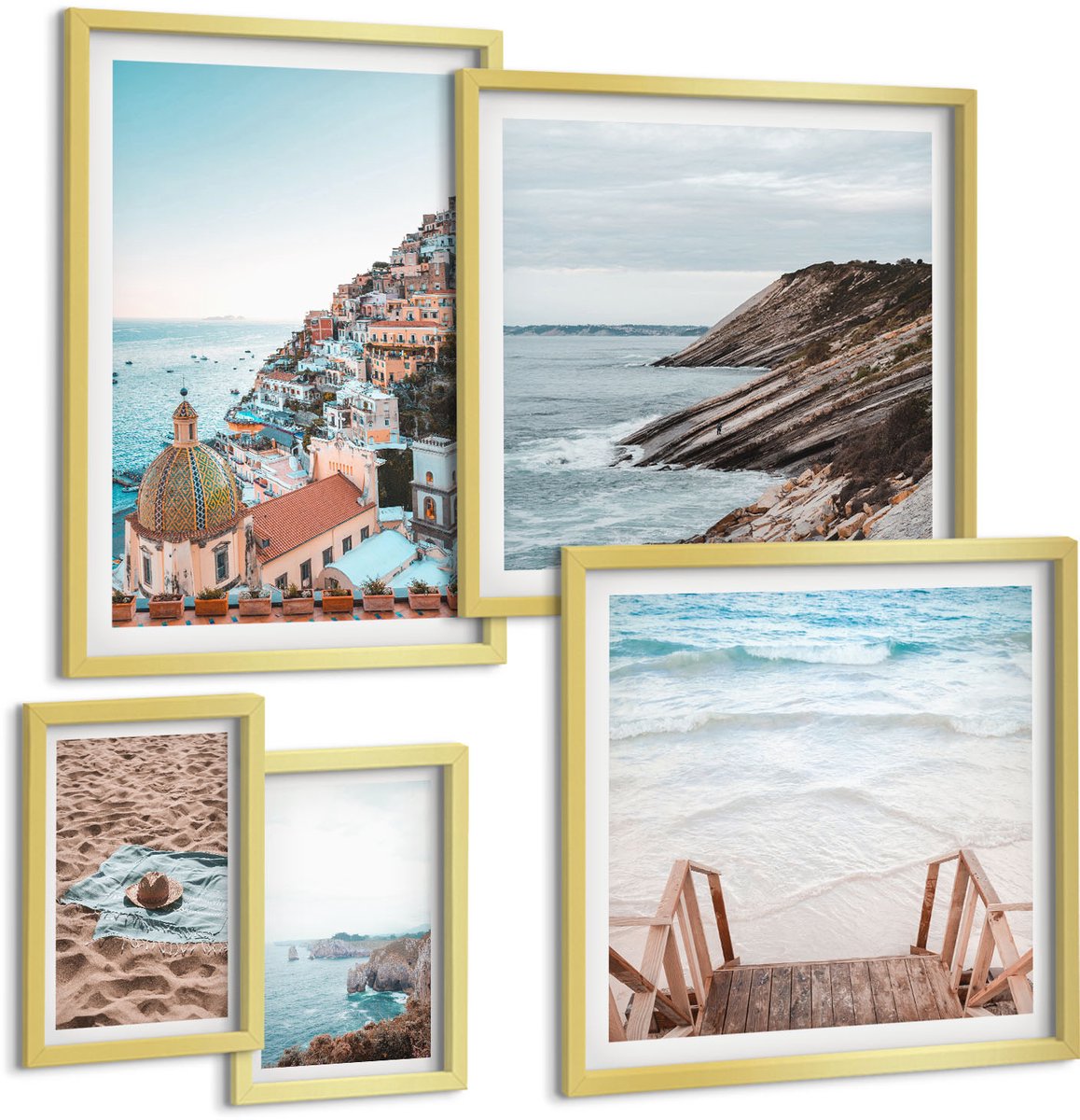 Coloray 5-Delige Schilderij Set - Italiaanse Kustplaatsen En Ontspannende Stranden - 50 x 50 cm, 20 x 30 cm En 40 x 60 cm - Schilderijen Set - Wanddecoratie - Woonkamer