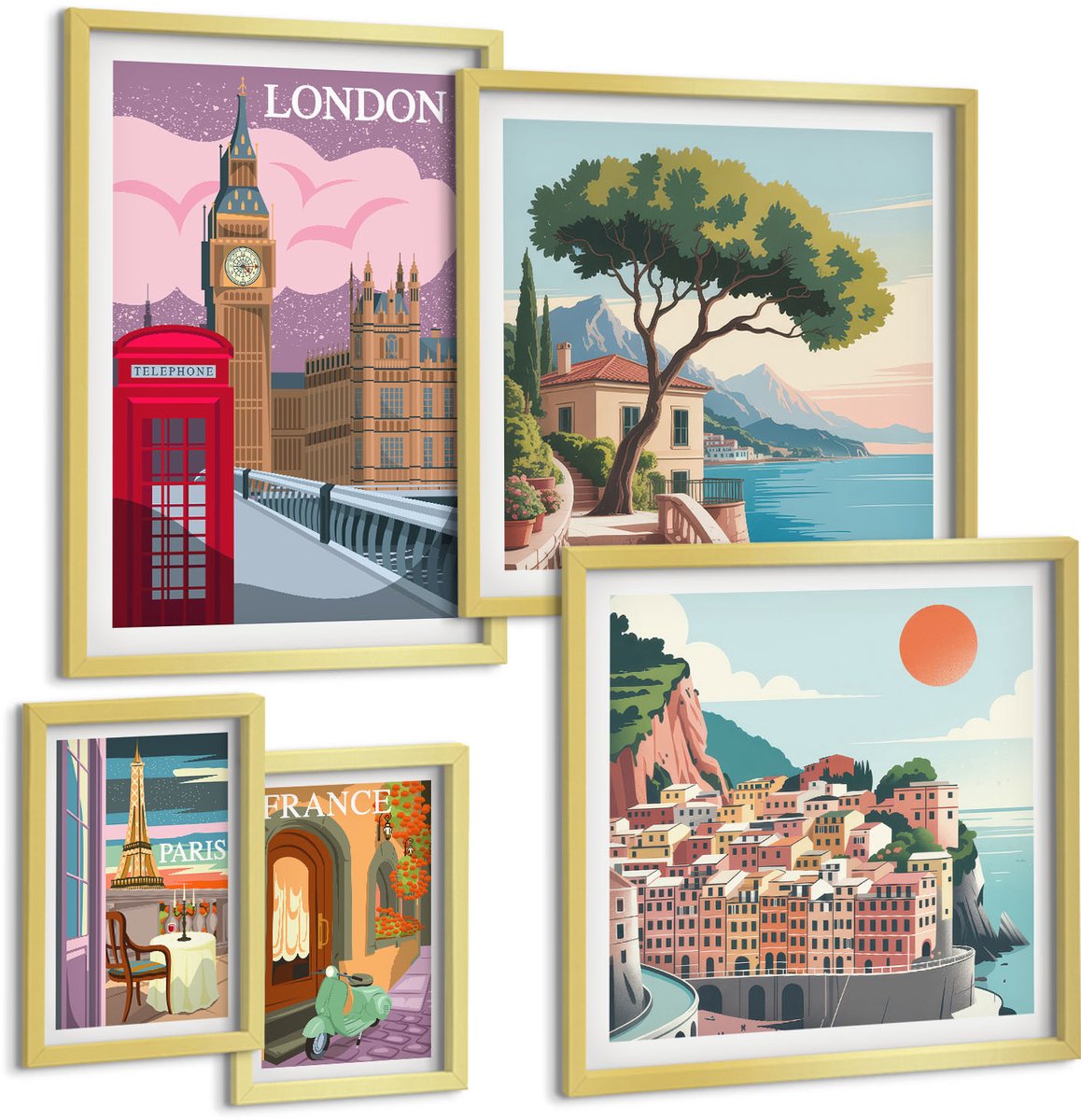 Coloray 5-Delige Schilderij Set - Europese Steden: Iconen Van Cultuur En Architectuur - 50 x 50 cm, 20 x 30 cm En 40 x 60 cm - Muurdecoratie - Wanddecoratie - Slaapkamer - Moderne Wanddecoratie