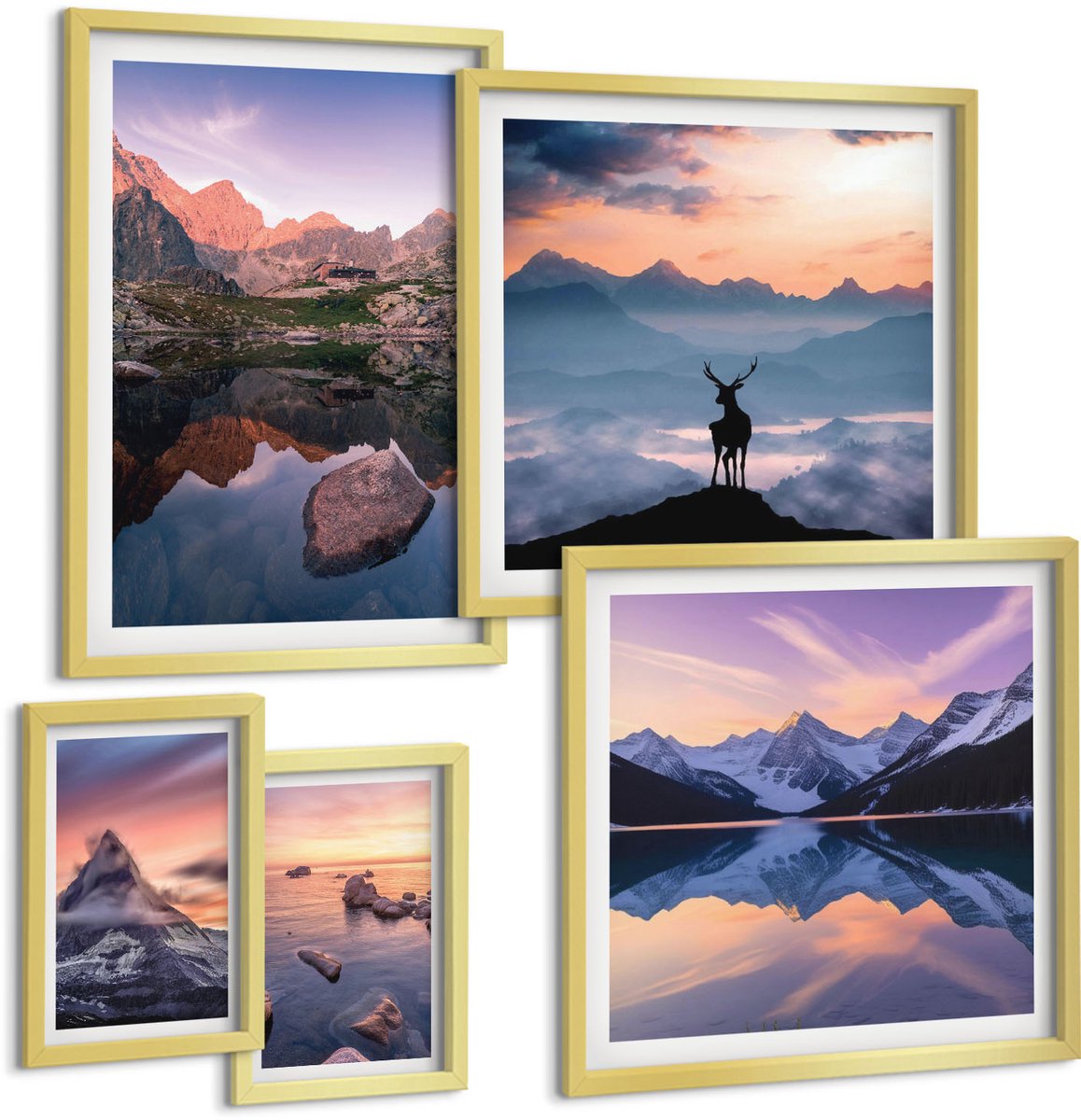 Coloray 5-Delige Schilderij Set - Berglandschappen Met Zonsondergangen En Weerspiegelingen In Het Water. - 50 x 50 cm, 20 x 30 cm En 40 x 60 cm - Stijlvolle Wanddecoratie - Interieur - Stijlvolle Muurdecoratie