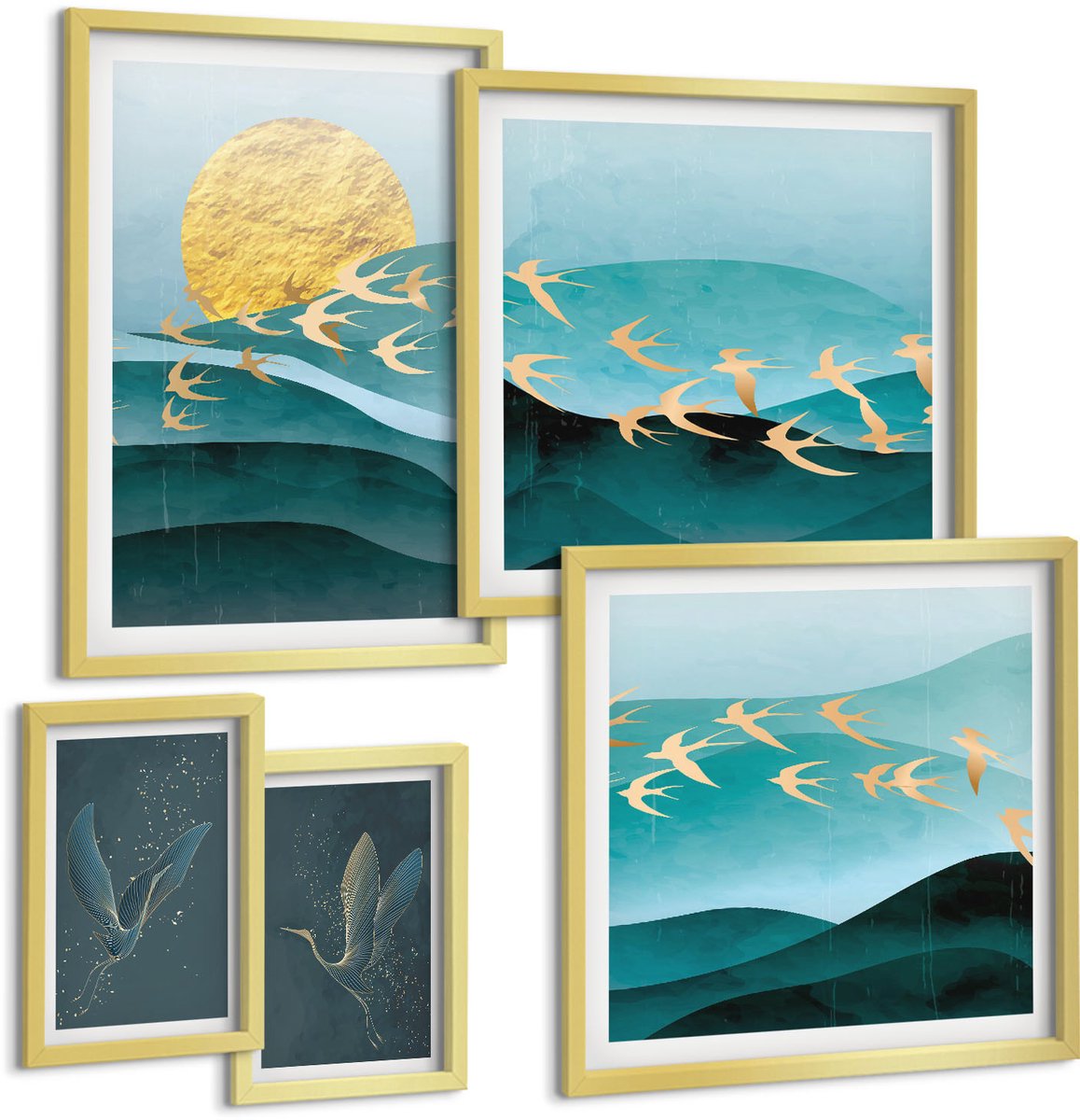 Coloray 5-Delige Schilderij Set - Harmonie Van De Natuur Met Vogels En Golven In Een Moderne Stijl. - 50 x 50 cm, 20 x 30 cm En 40 x 60 cm - Wanddecoratie - Schilderijen Set - Kantoor - Muurdecoratie