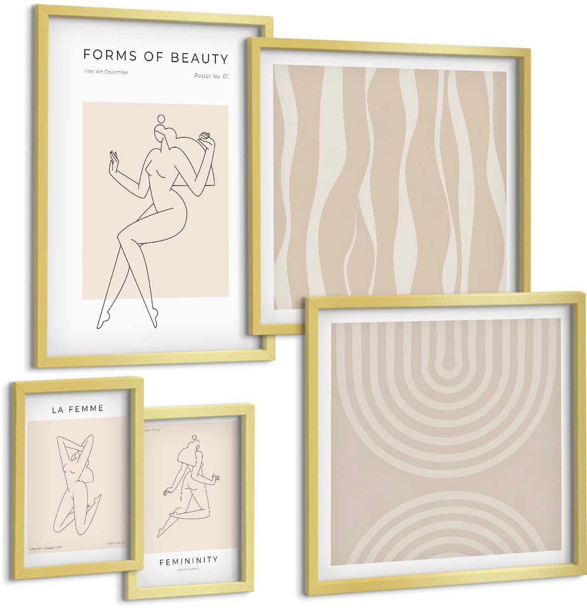 Coloray 5-Delige Schilderij Set - Minimalistische Vormen Van Schoonheid In Een Moderne Stijl. - 50 x 50 cm, 20 x 30 cm En 40 x 60 cm - Moderne Wanddecoratie - Slaapkamer - Decoratieve Schilderijen