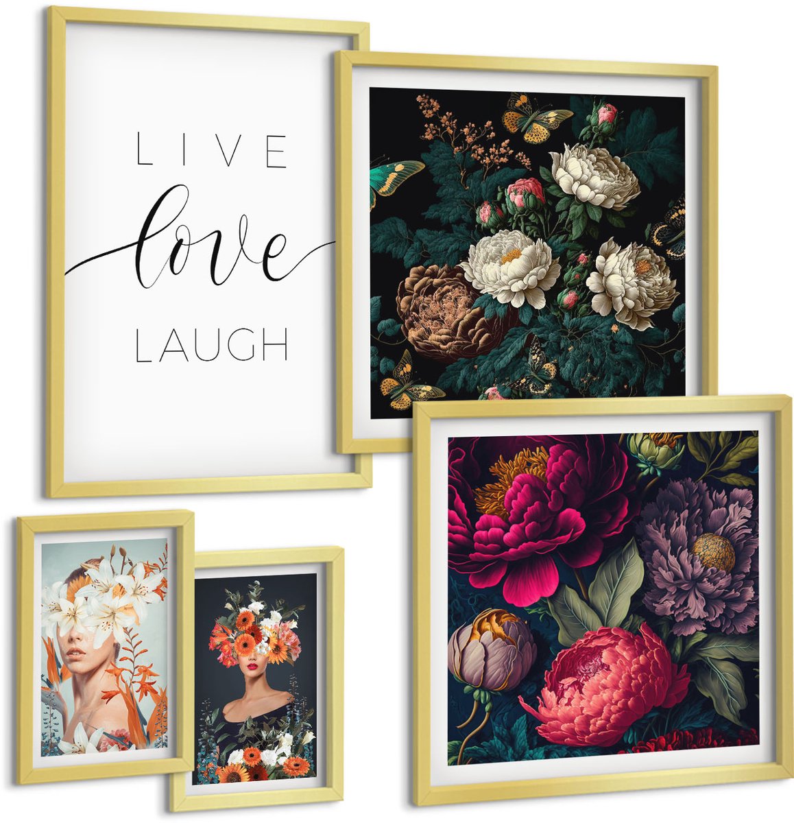 Coloray 5-Delige Schilderij Set - Bloemeninspiratie Met Motiverende Slogans Voor Je Interieur - 50 x 50 cm, 20 x 30 cm En 40 x 60 cm - Moderne Wanddecoratie - Slaapkamer - Decoratieve Schilderijen