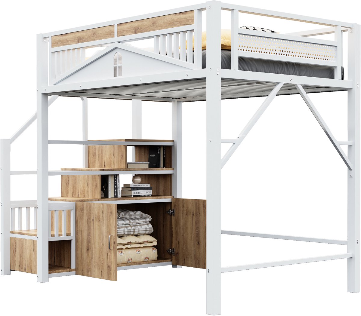 Sweiko Hoogslaper - 140 x 200 cm - Metalen frame - Met veiligheidshek - Opbergruimte - Wit
