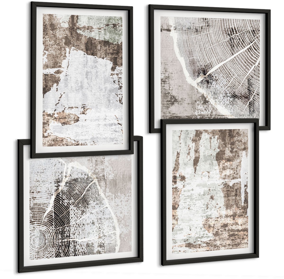 Coloray 4-Delige Schilderij Set - Abstracte Patronen In Tinten Wit En Bruin. - 40 x 40 cm En 40 x 60 cm - Wanddecoratie - Schilderijen Set - Interieur - Stijlvolle Muurdecoratie Zwarte lijst
