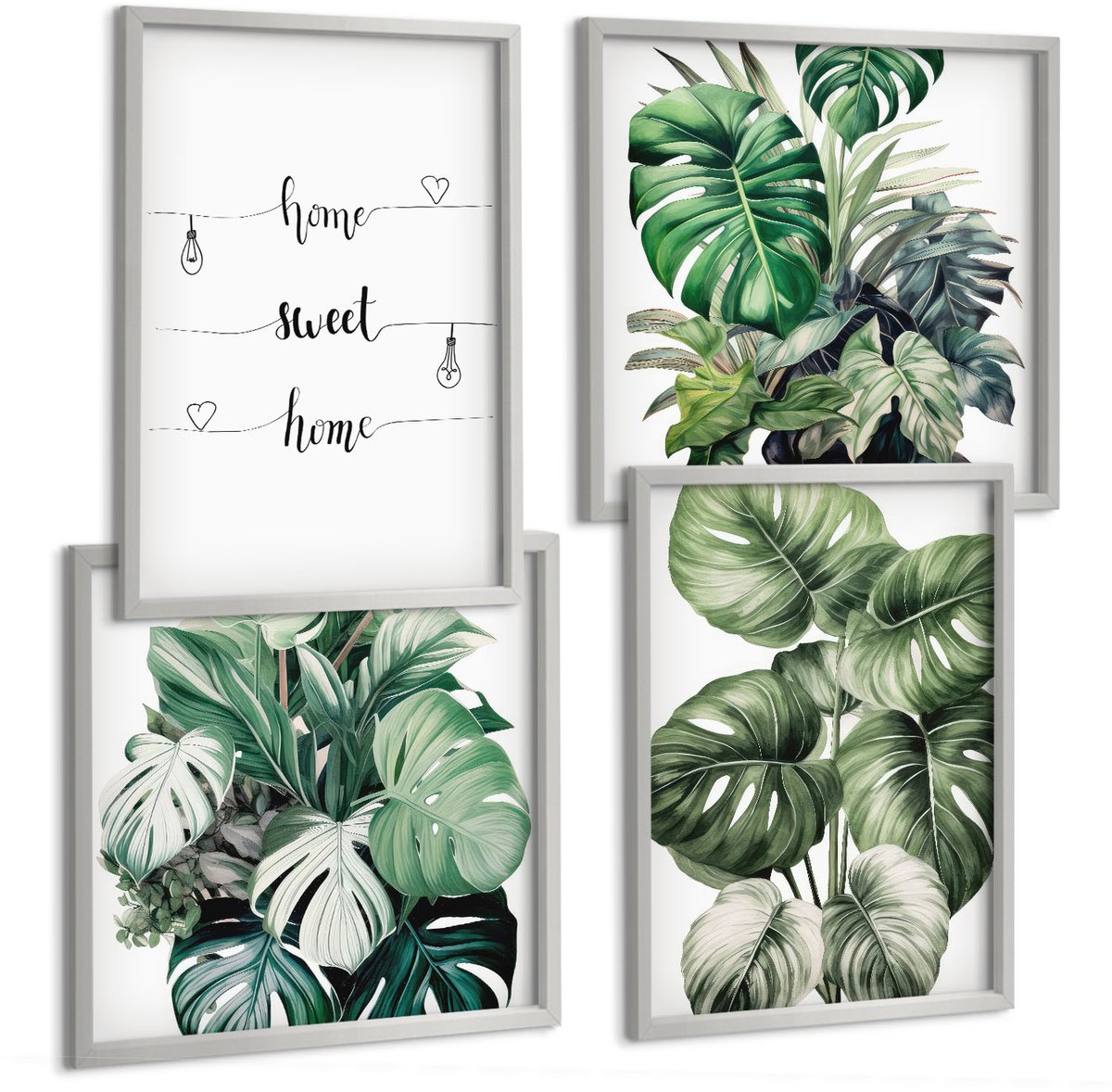 Coloray 4-Delige Schilderij Set - Aquarel Monstera Verlaat Het Fijne Thuis - 40 x 40 cm En 40 x 60 cm - Muurdecoratie - Wanddecoratie - Slaapkamer - Woonkamer Decoratie
