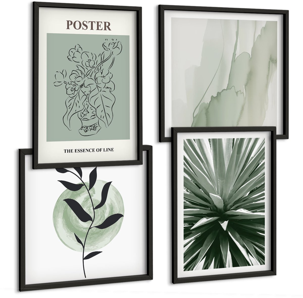 Coloray 4-Delige Schilderij Set - Plantenpatronen In Tinten Groen En Beige - 40 x 40 cm En 40 x 60 cm - Muurdecoratie - Wanddecoratie - Slaapkamer - Moderne Wanddecoratie Zwarte lijst