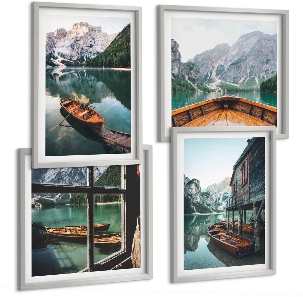 Coloray 4-Delige Schilderij Set - Uitzicht Op Een Bergmeer Met Boten En Een Huis Aan Het Water. - 40 x 40 cm En 40 x 60 cm - Wanddecoratie - Woonkamer Decoratie