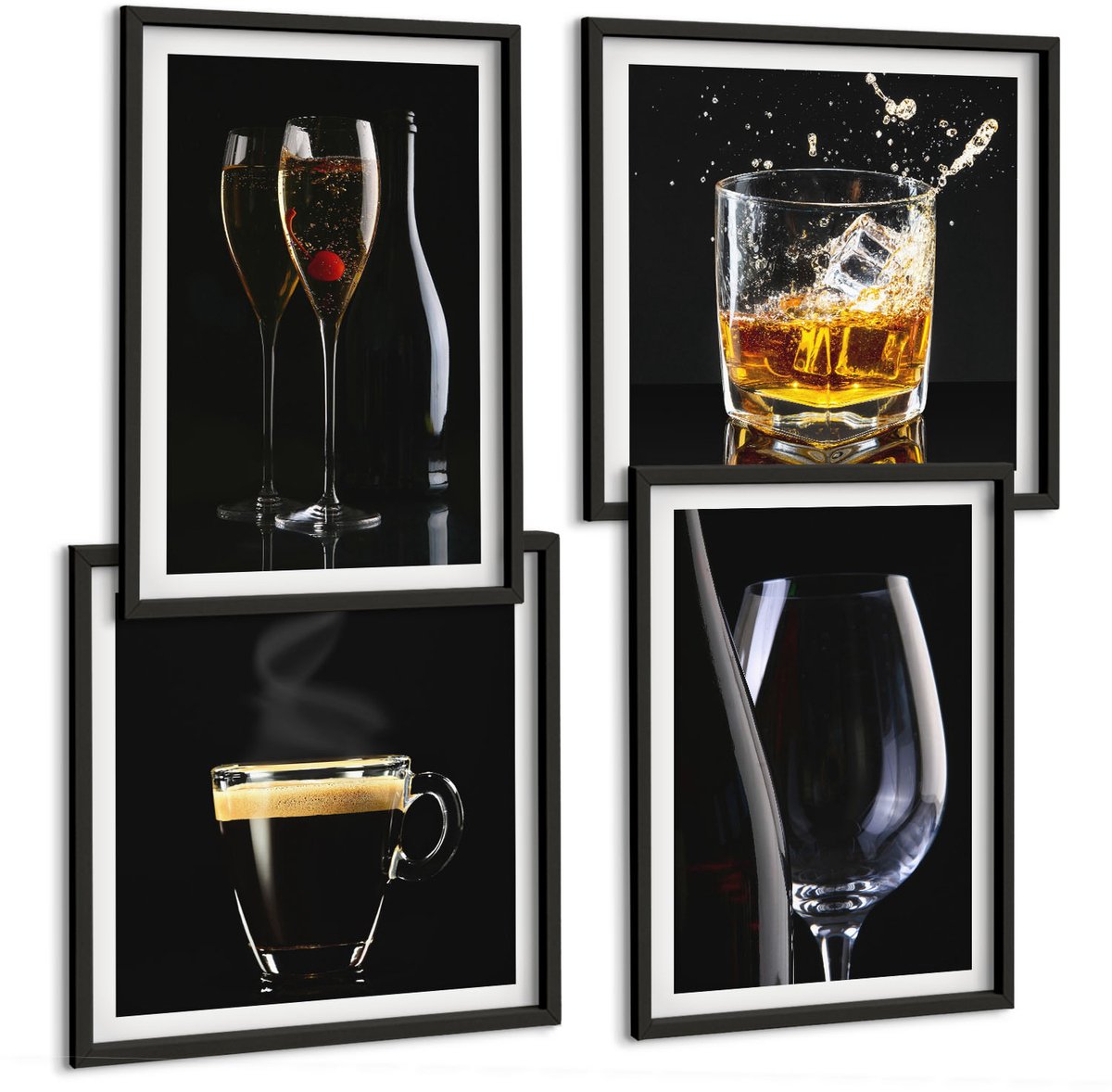 Coloray 4-Delige Schilderij Set - Whisky Wijn Champagne Koffie Dranken Alcohol - 40 x 40 cm En 40 x 60 cm - Muurdecoratie - Wanddecoratie - Hal - Moderne Wanddecoratie Zwarte lijst