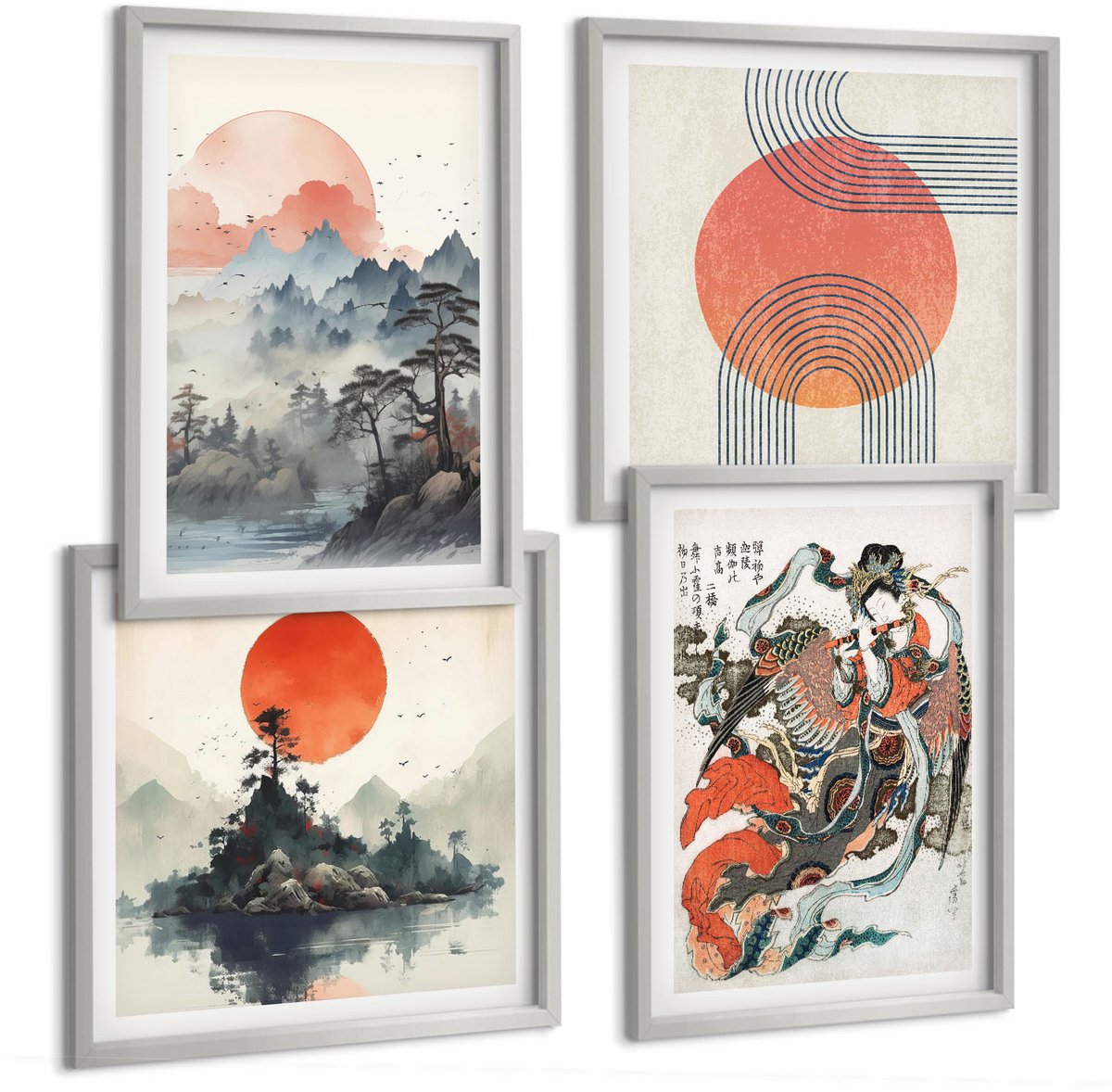 Coloray 4-Delige Schilderij Set - Aziatische Schilderijen: Landschappen En Portretten In De Japandi-Stijl. - 40 x 40 cm En 40 x 60 cm - Stijlvolle Wanddecoratie - Interieur - Decoratieve Schilderijen