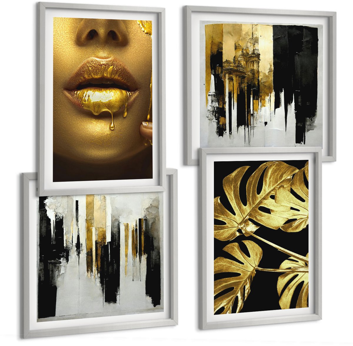 Coloray 4-Delige Schilderij Set - Abstracte Schilderij Monstera-Bladeren Portret Van Een Vrouw - 40 x 40 cm En 40 x 60 cm - Wanddecoratie - Woonkamer Decoratie