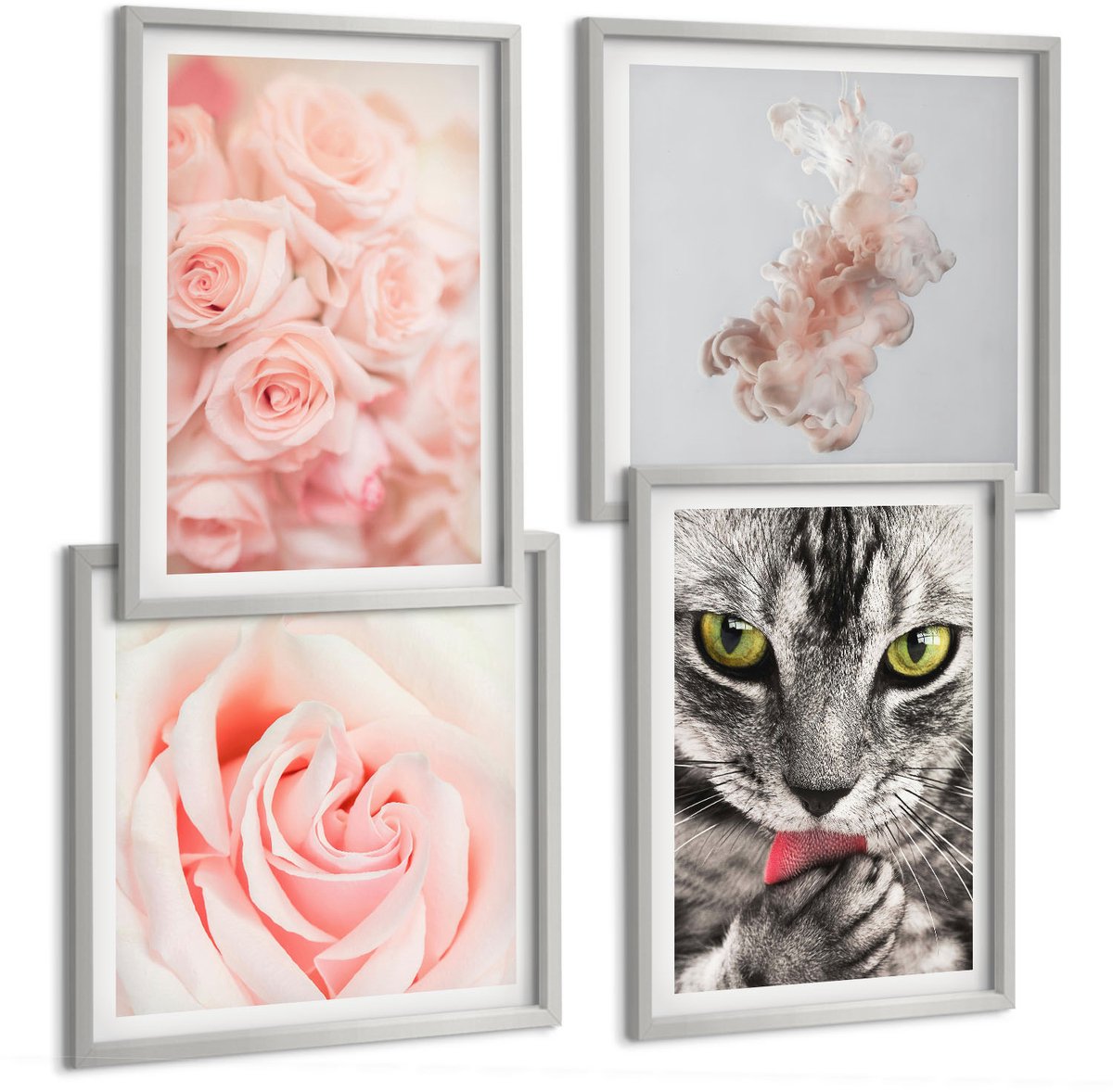 Coloray 4-Delige Schilderij Set - Grijze Kat, Delicate Rozen, Subtiele Abstractie - 40 x 40 cm En 40 x 60 cm - Moderne Wanddecoratie - Slaapkamer
