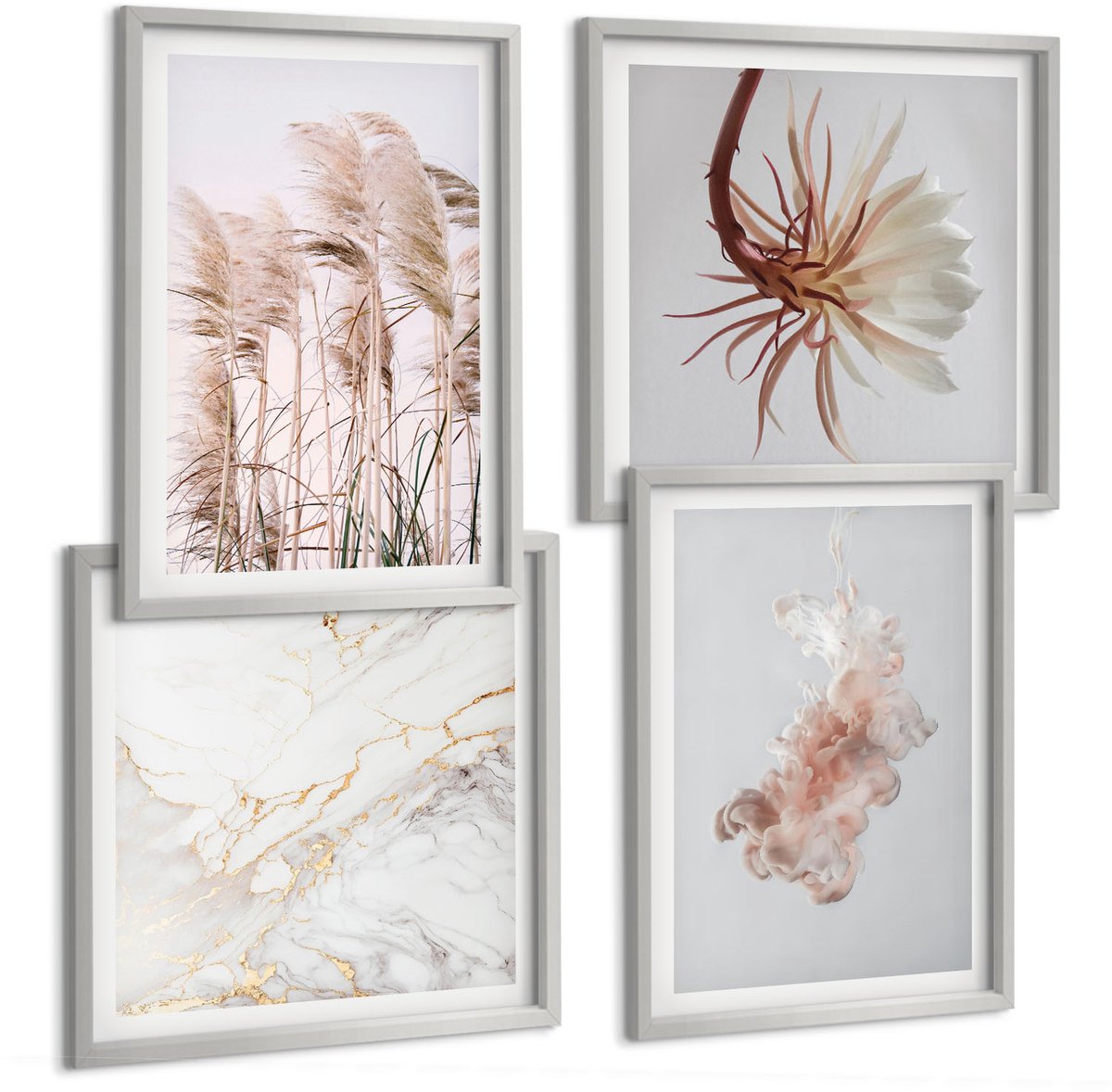 Coloray 4-Delige Schilderij Set - Elegante Bloemen En Grassen In Wit Marmer - 40 x 40 cm En 40 x 60 cm - Muurdecoratie - Decoratieve Schilderijen - Wohnzimmer - Wanddecoratie