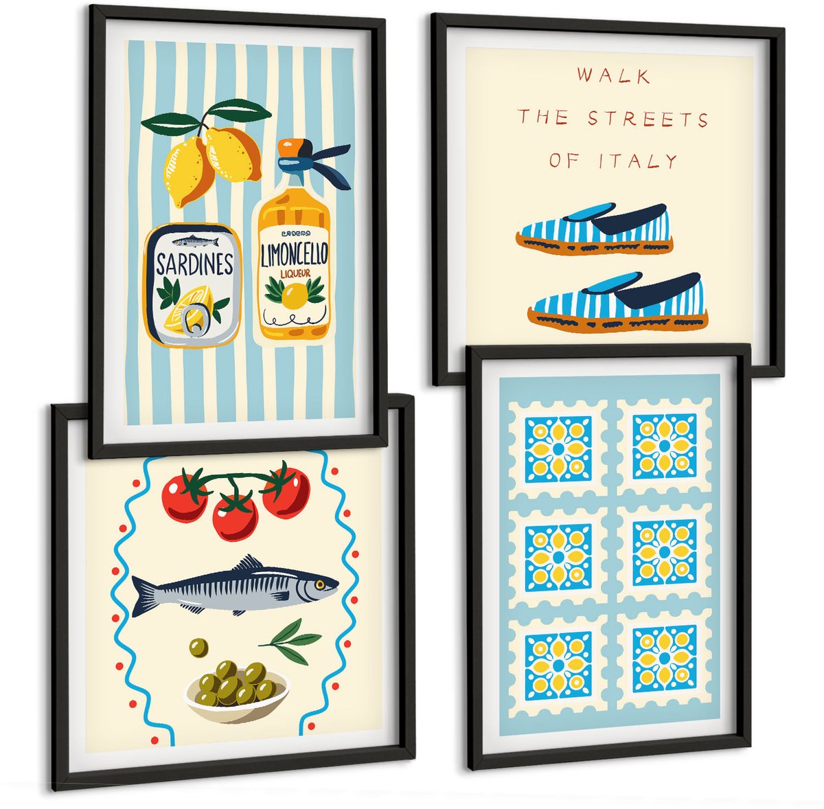 Coloray 4-Delige Schilderij Set - Fruitpatronen En Elementen Van De Italiaanse Cultuur - 40 x 40 cm En 40 x 60 cm - Moderne Wanddecoratie - Woonkamer Zwarte lijst