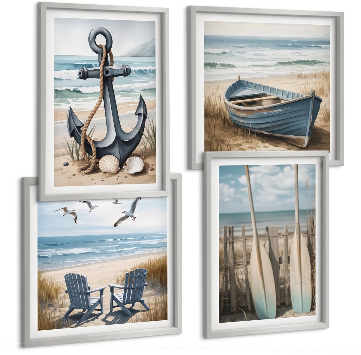 Coloray 4-Delige Schilderij Set - Bootanker En Roeispanen Op Het Strand Met De Zee - 40 x 40 cm En 40 x 60 cm - Muurdecoratie - Interieur Decoratie - Wanddecoratie
