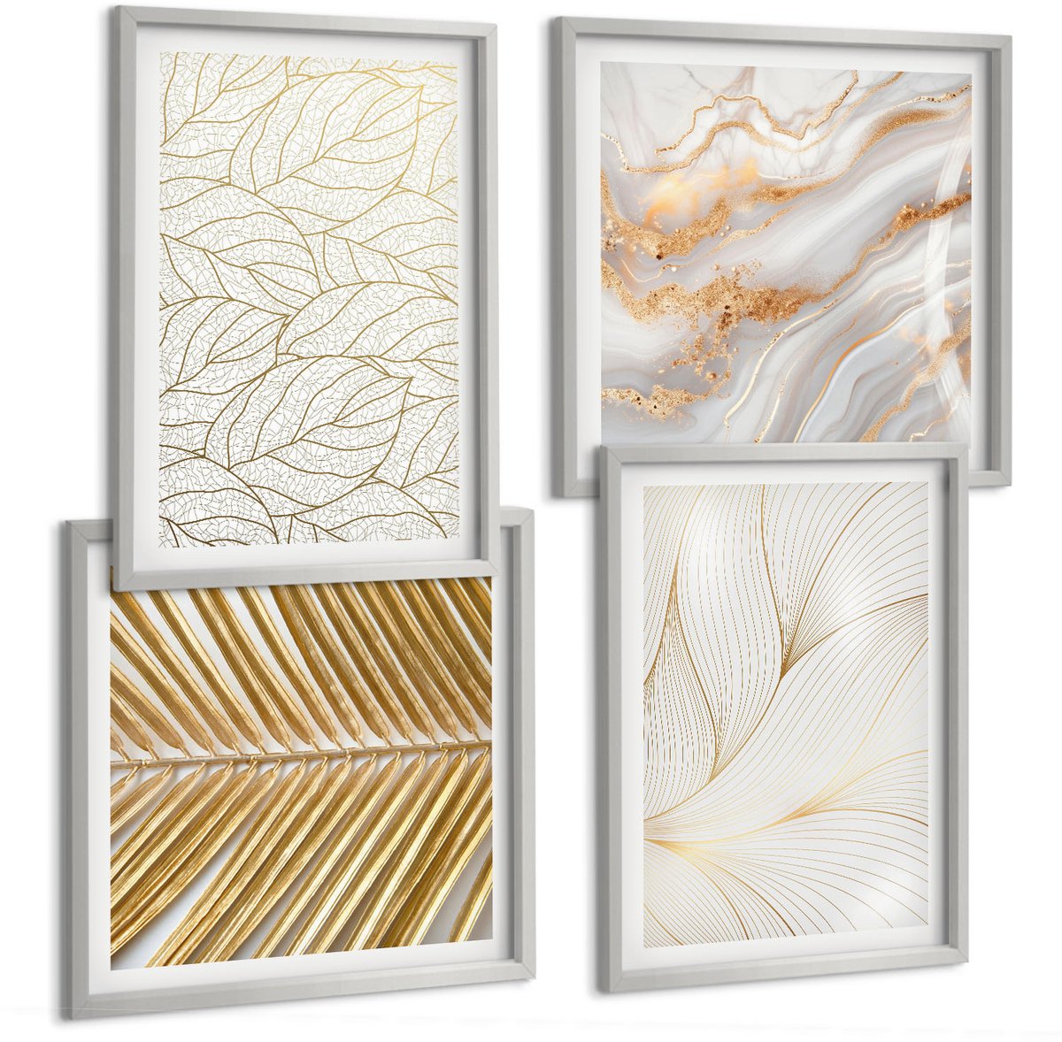 Coloray 4-Delige Schilderij Set - Lineaire Bladpatronen Abstract Marmer - 40 x 40 cm En 40 x 60 cm - Moderne Wanddecoratie - Woonkamer - Stijlvolle Muurdecoratie