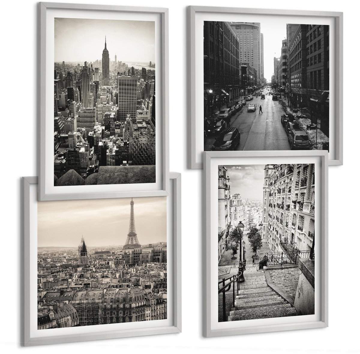 Coloray 4-Delige Schilderij Set - Stadsgezichten Parijs New York En Charmante Trappen - 40 x 40 cm En 40 x 60 cm - Decoratieve Schilderijen - Woonkamer - Interieur