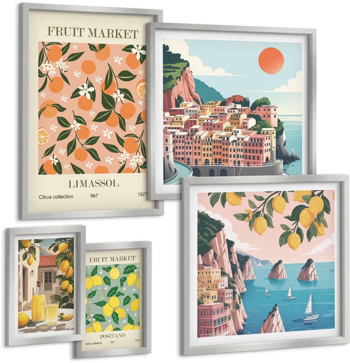 Coloray 5-Delige Schilderij Set - Stijlvolle Afbeeldingen Met Lijnen En Figuren In Neutrale Kleuren. - 20 x 30 cm - Wanddecoratie - Muurdecoratie - Woonkamer - Moderne Wanddecoratie