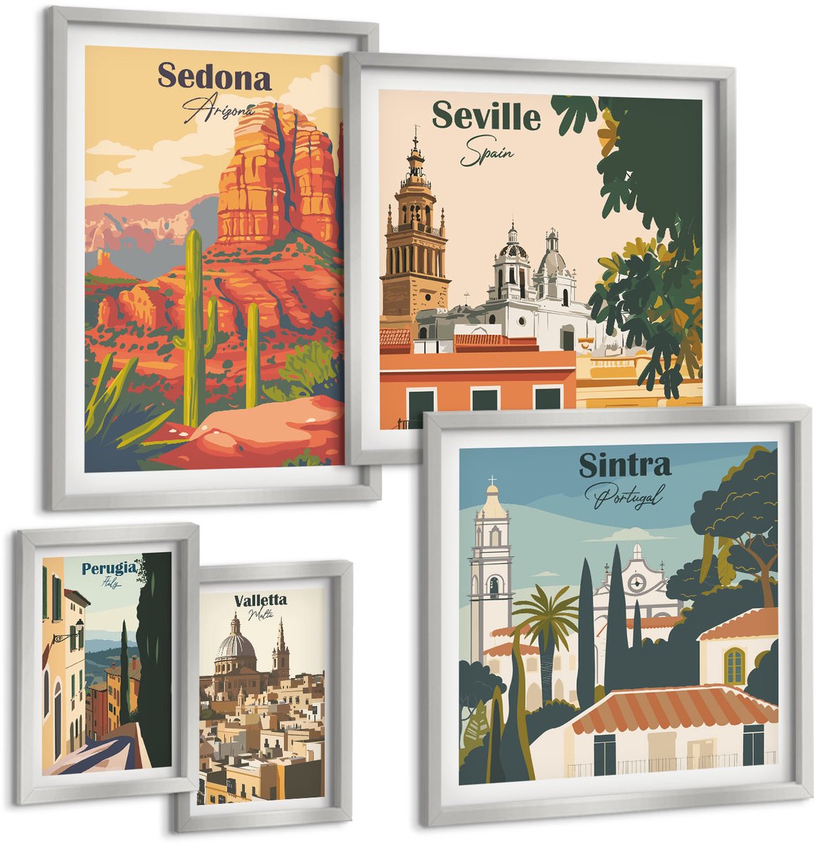 Coloray 5-Delige Schilderij Set - Illustraties Van Keukens In Mediterrane Stijl - 20 x 30 cm - Wanddecoratie - Schilderijen Set - Kantoor - Woonkamer Decoratie