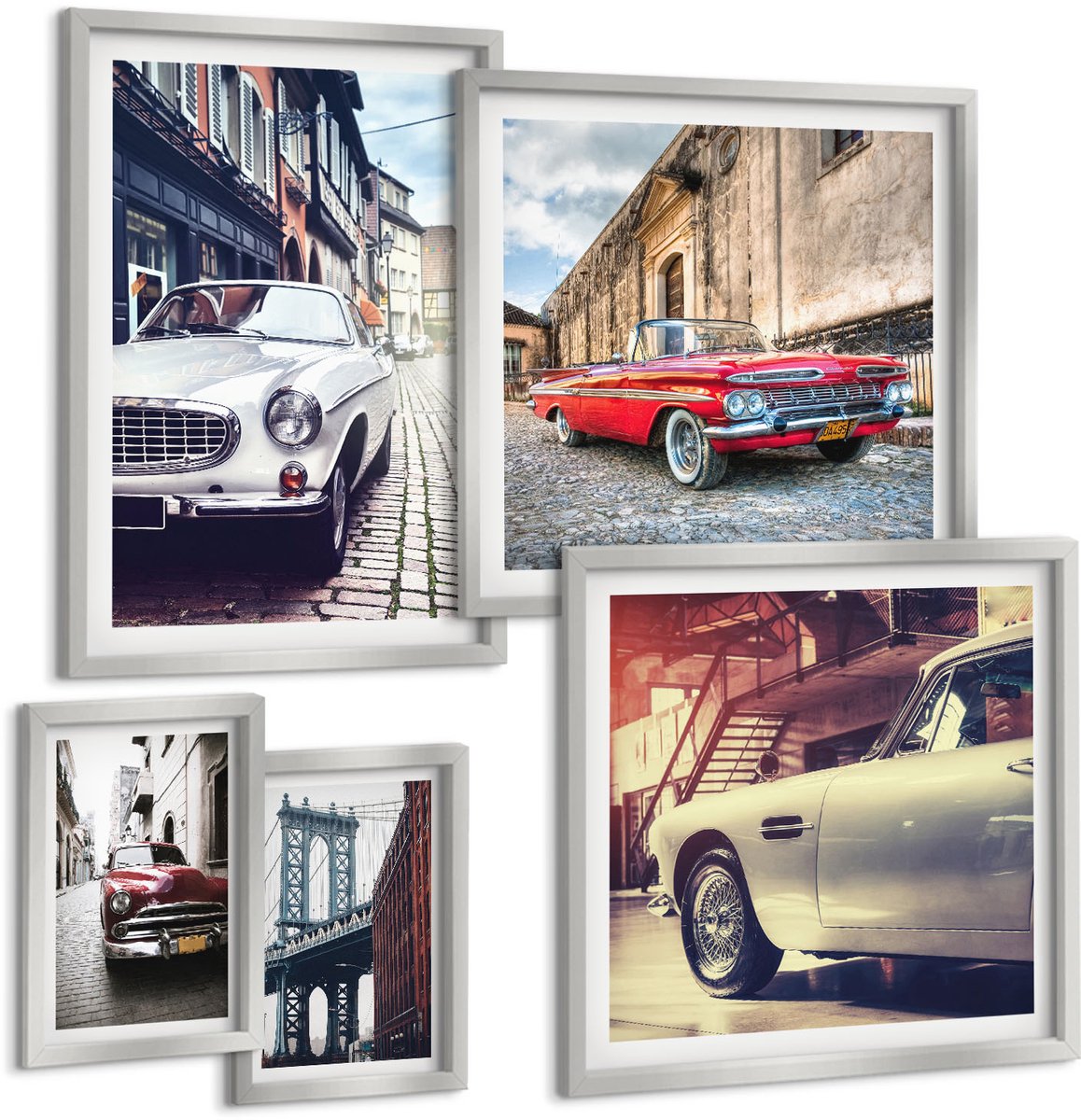 Coloray 5-Delige Schilderij Set - Klassieke Auto'S In Verschillende Kleuren Op De Straten Van De Stad. - 20 x 30 cm - Wanddecoratie - Muurdecoratie - Woonkamer