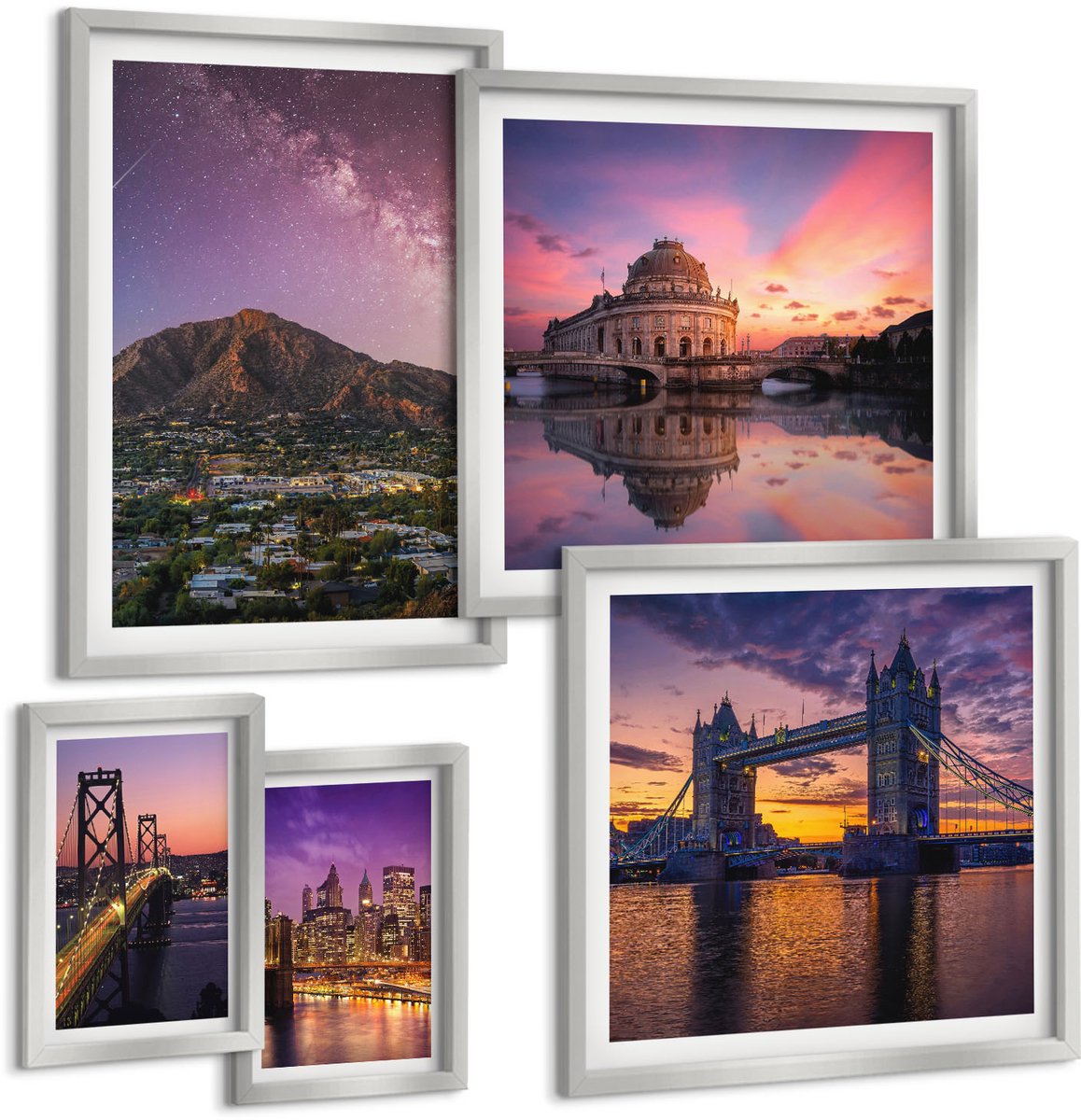 Coloray 5-Delige Schilderij Set - Bruggen Bij Zonsondergang En Stedelijke Landschappen - 20 x 30 cm - Stijlvolle Wanddecoratie - Interieur - Decoratieve Schilderijen