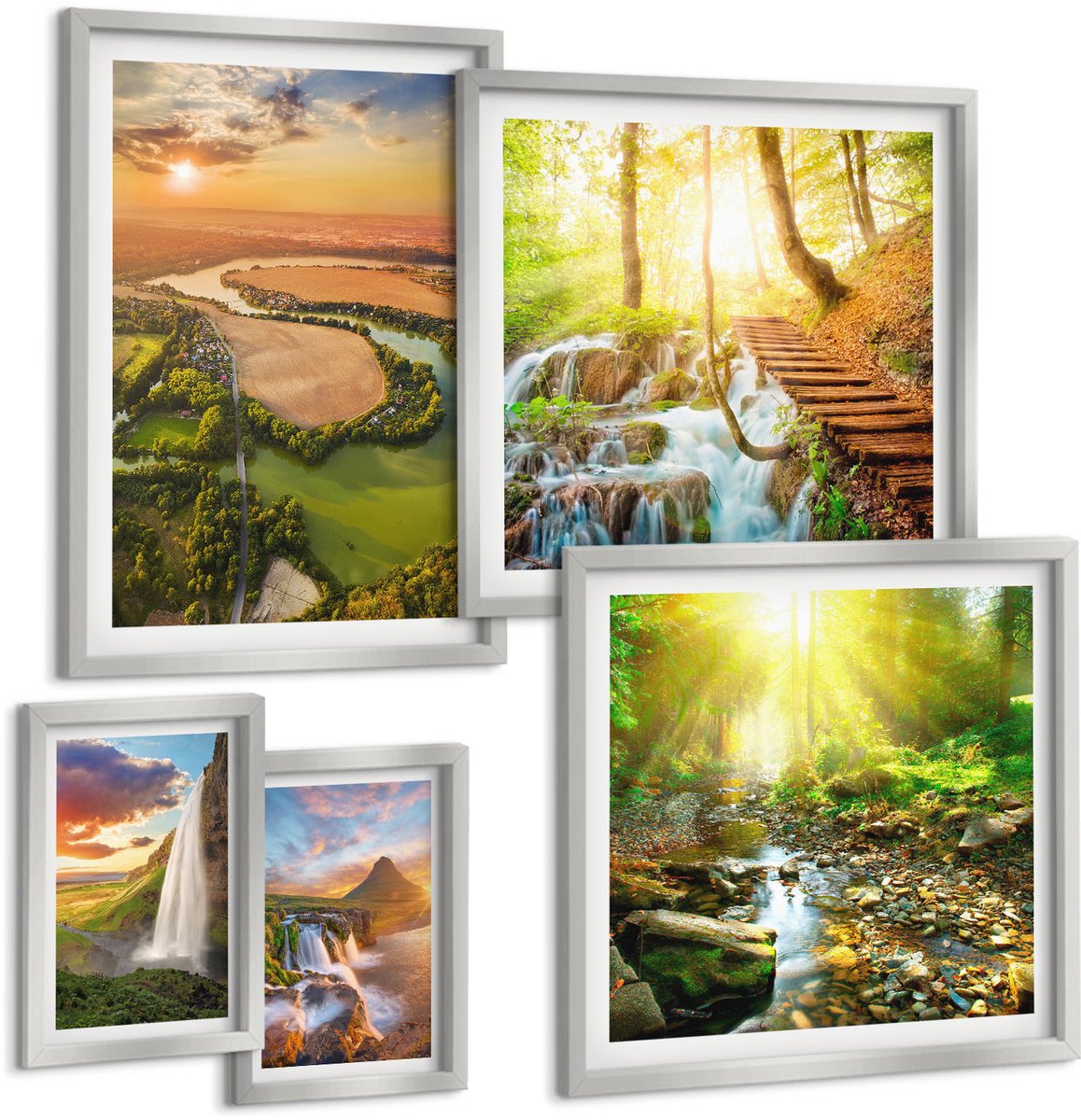 Coloray 5-Delige Schilderij Set - Waterval Bergen Sinaasappels Italiaans Landschap Zonsondergang - 20 x 30 cm - Moderne Wanddecoratie - Woonkamer - Woonkamer Decoratie