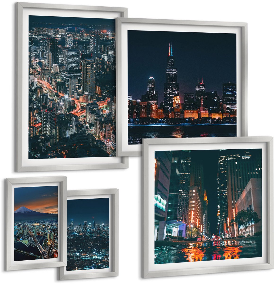 Coloray 5-Delige Schilderij Set - Uitzicht Op De Stad 'S Nachts Vanaf De Bergen Met Wolkenkrabbers - 20 x 30 cm - Decoratieve Schilderijen - Wanddecoratie - Hal - Moderne Wanddecoratie