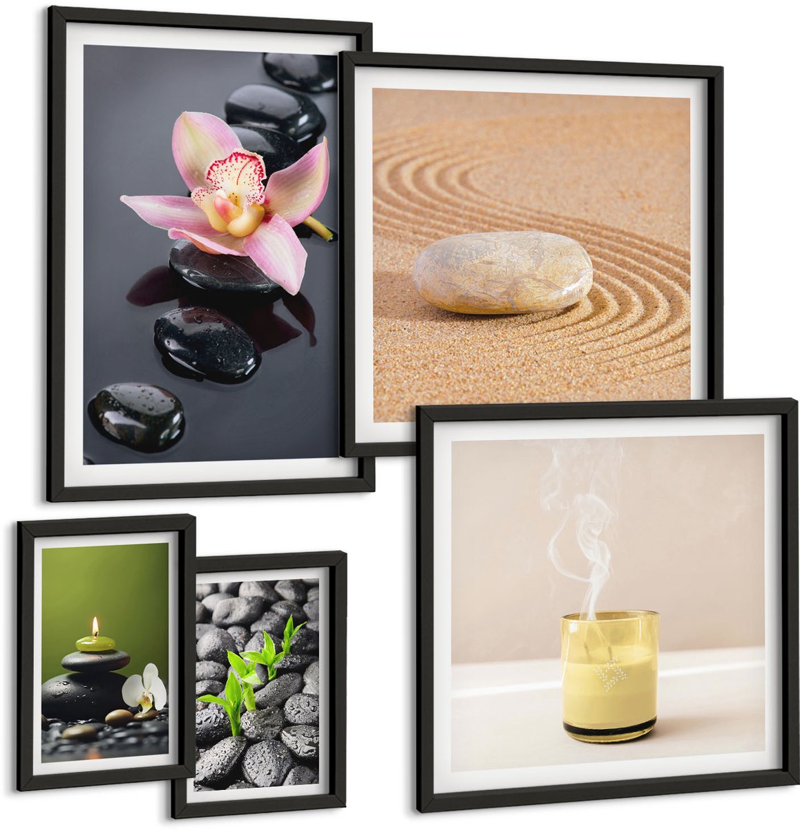 Coloray 5-Delige Schilderij Set - Rustgevende Zen-Thema'S Met Stenen En Orchideeën - 50 x 50 cm, 20 x 30 cm En 40 x 60 cm - Wanddecoratie - Moderne Interieurdecoratie - Decoratieve Schilderijen