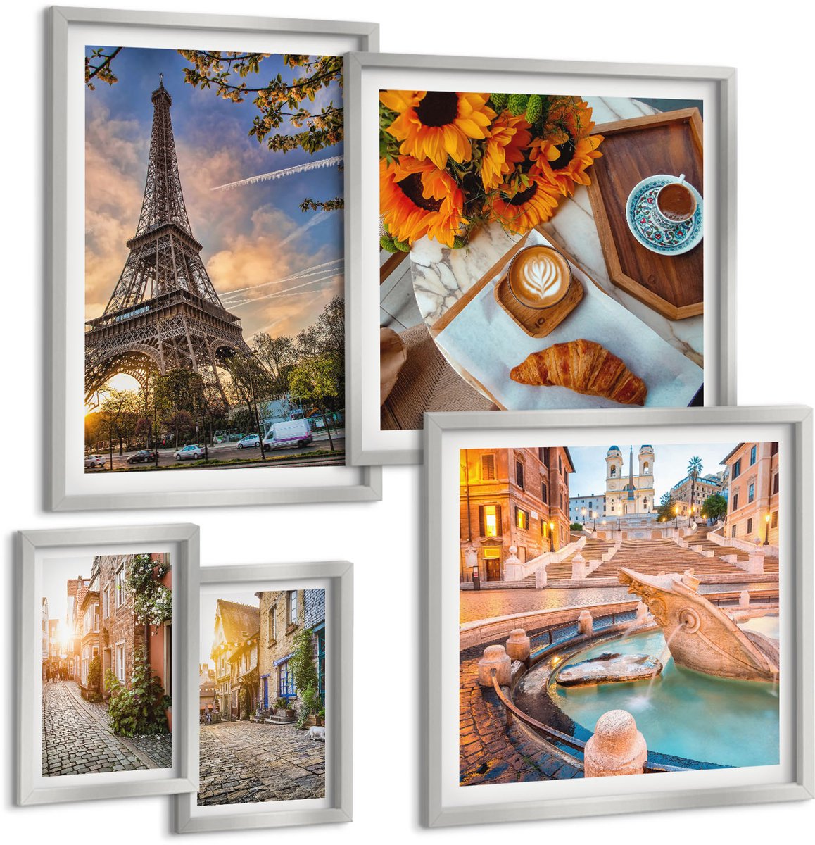 Coloray 5-Delige Schilderij Set - Sfeervolle Straatjes Met Koffie En Zonnebloemen - 20 x 30 cm - Muurdecoratie - Decoratieve Schilderijen - Wohnzimmer - Stijlvolle Muurdecoratie