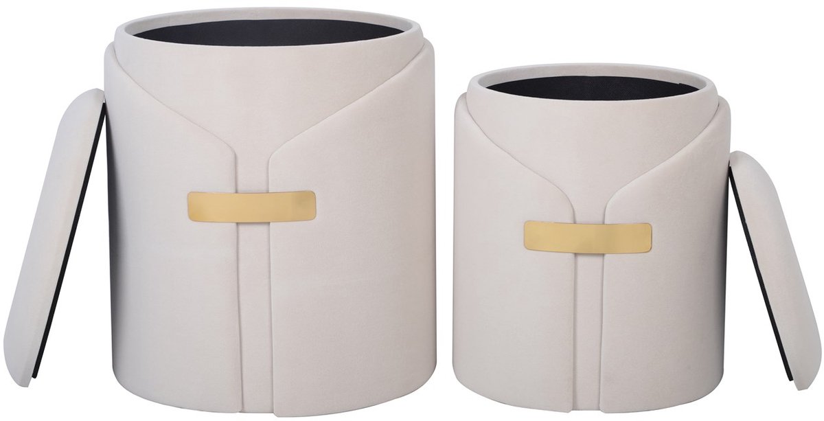 Padiro ronde opbergpoefs set van 2 Ø 30,5/37 cm - ivoor - fluweel - met siergesp