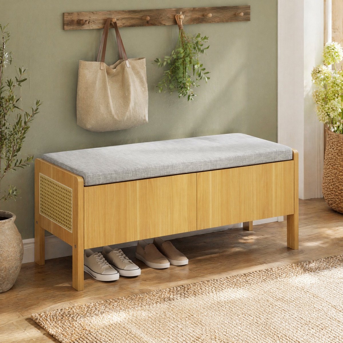 MODFU - Schoenenkast - Opbergbank - 2 Lades - Rattan - Bamboe - Grijs - 113 Cm
