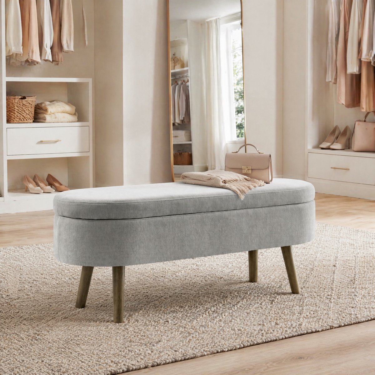 MODFU - Opbergbank - Chenille - Houten Poten - Grijs - 110 X 40 X 42 Cm