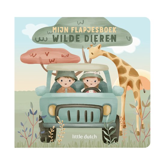 Een jeep met twee kinderen en een giraf op de voorkant van een boek met de titel 'Mijn flapjesboek wilde dieren'.