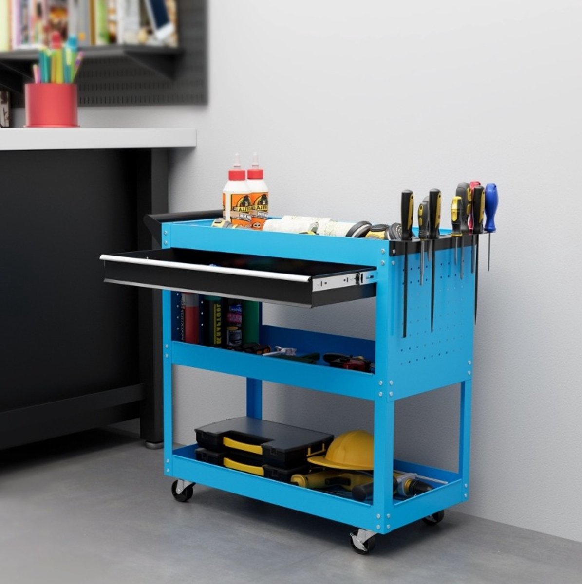 MODFU-Gereedschapskar-3 Lagen-4 Wielen-Blauw