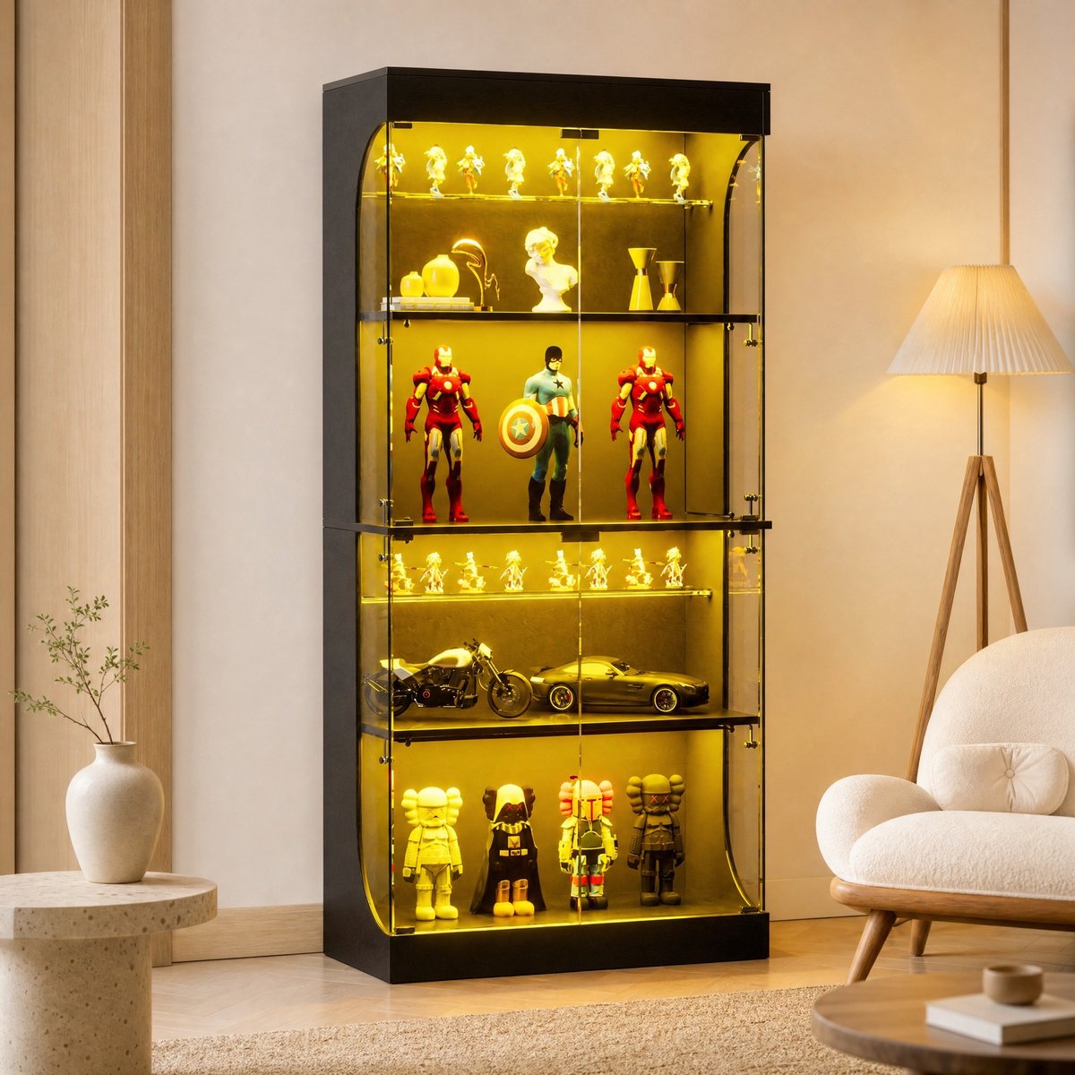MODFU - Vitrinekast - LED Verlichting - Glazen Deuren - Zwart - 80 X 35 X 165 Cm