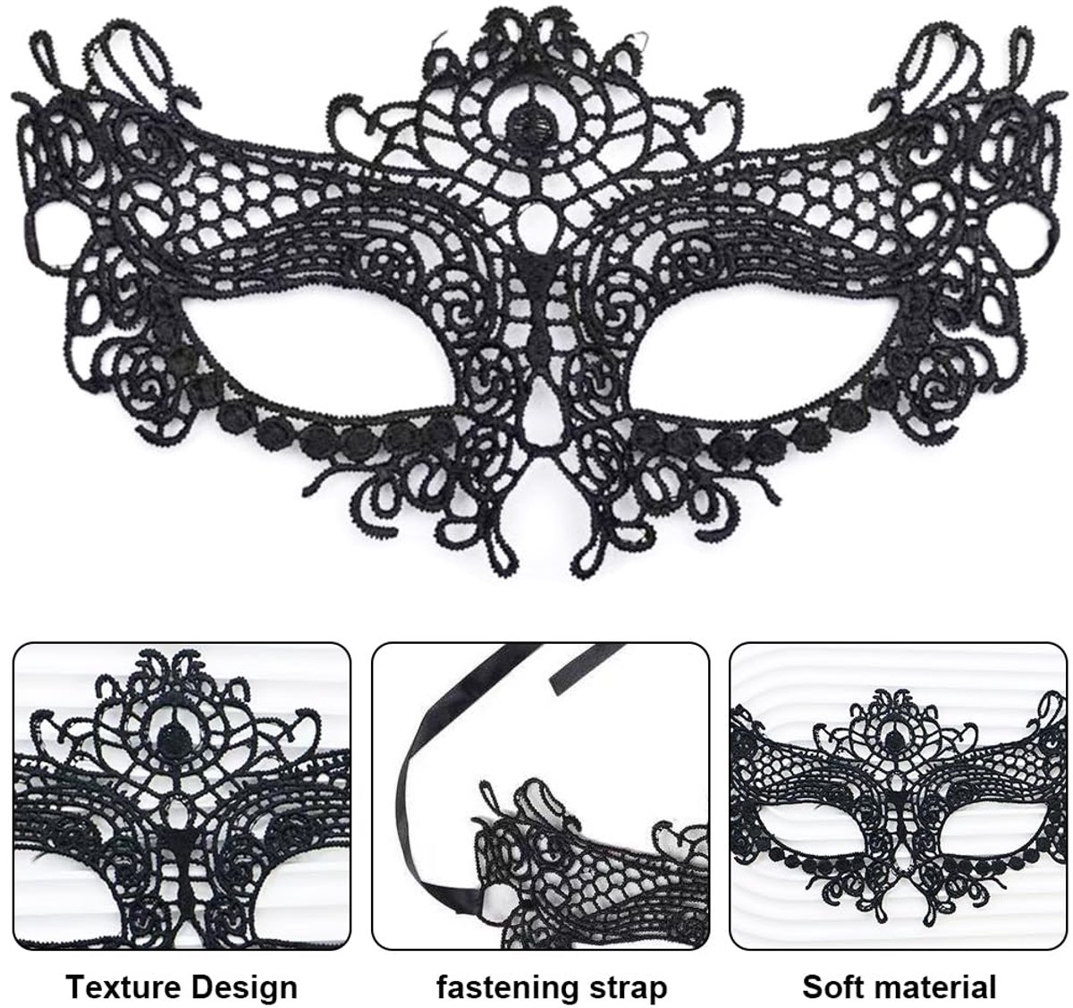 WFKKMEQ Venetiaans masker voor dames, 8 stuks, sexy kanten masker, zwart, oogmasker, maskerade, masker voor Halloween - ShopVlot