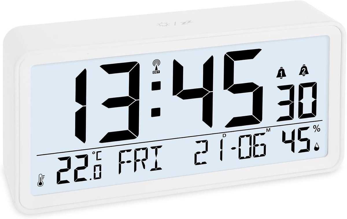 Grote digitale radiogestuurde wekker - Wit - 18,7 x 4,8 x 9,2 cm - Met XXL-cijfers en Weckerfuncties - Voor Senioren en Brildragers