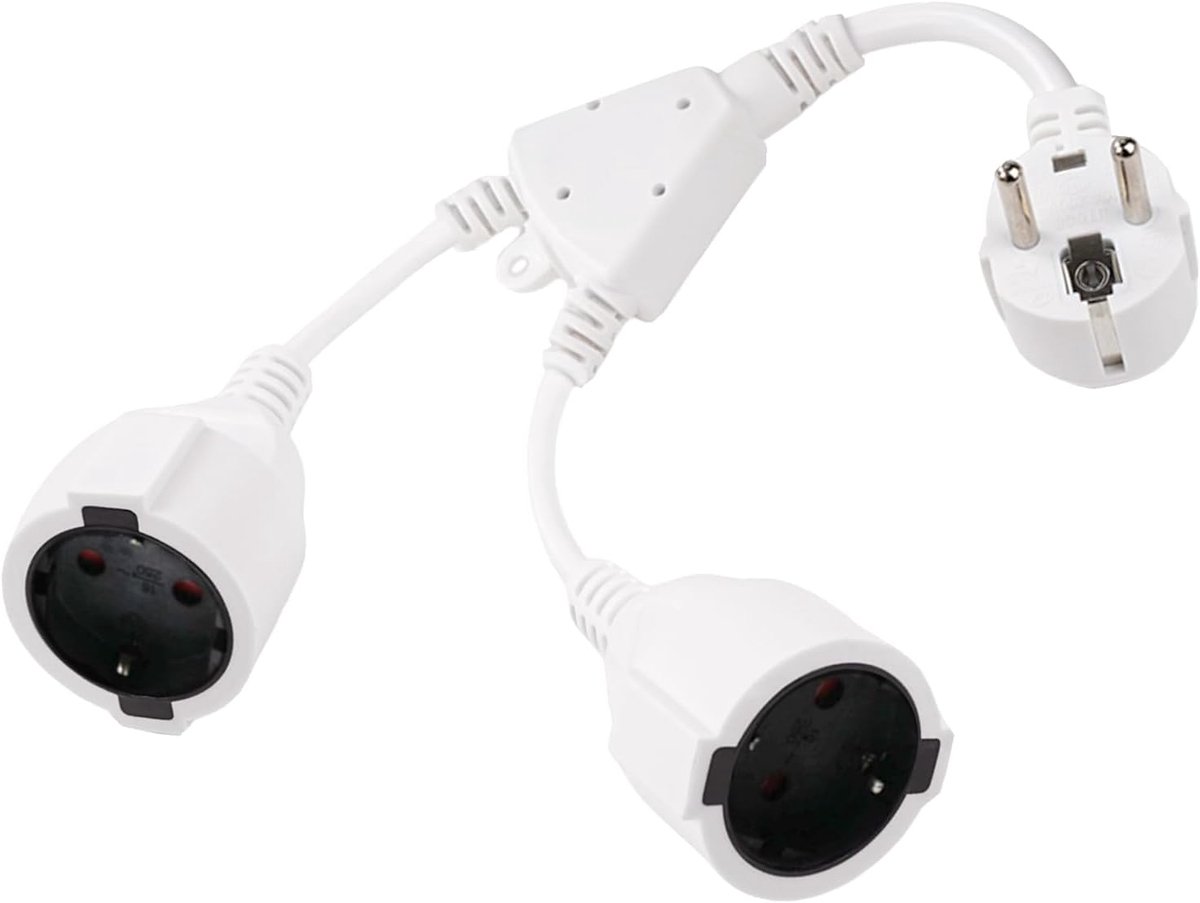 Stekker voor stopcontact, verlengkabel, kort, 2-voudig, meervoudig stopcontact, 250 V, 16 A, maximaal 3680 W, pvc, met flexibele kabel, voor huishouden en kantoor, wit