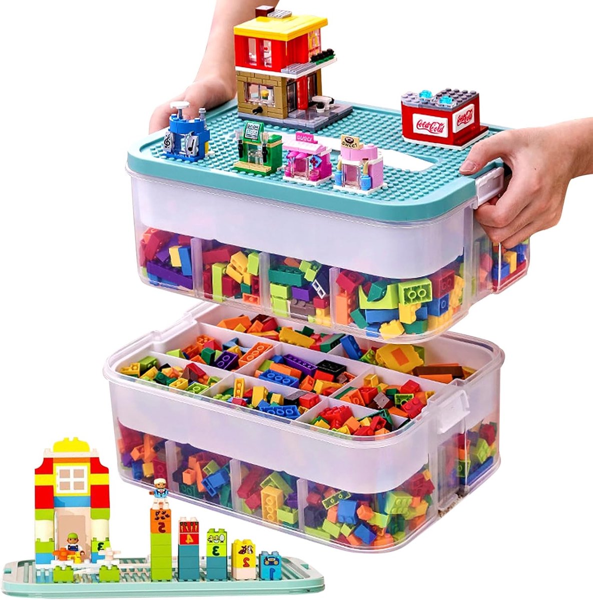 Kinderopbergdoos met deksel voor Lego-bouwstenen, 2 niveaus opbergdozen voor Lego, stapelbare kunststof opslag, transparant met vakken voor het opbergen van kinderspeelgoed