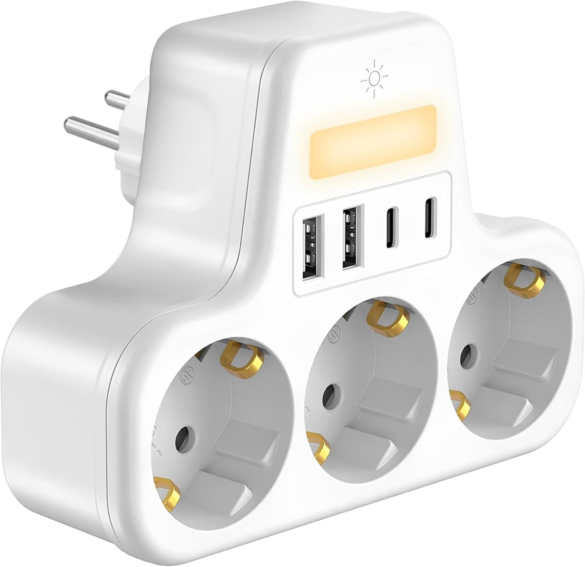 Stekkerdoos met USB en Nachtlampje - Stekkerdozen met 3 Horizontale Stopcontacten - 2 USB-A, 2 USB-C - Wandcontactdoos met Meerdere Stopcontacten zonder Kabel - Meervoudige Stekkerbasis