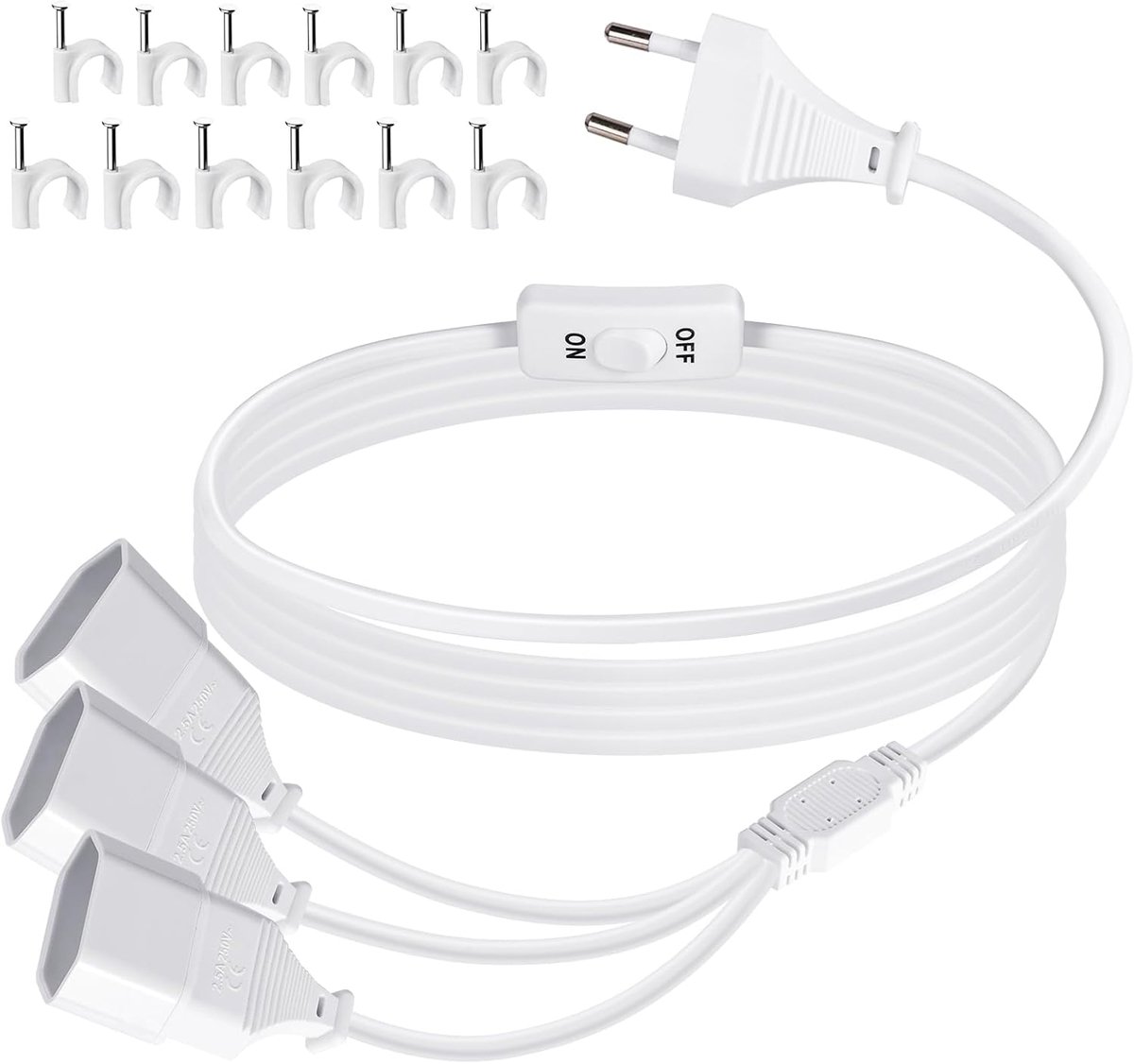 Verlengkabel met plat stekeraansluiting en schakelaar, 2M Euro-stekker. Verlenging stroomkabel, netsnoer, plat, 3-voudig Euro-stopcontactadapter met dunne kabel EU-verdeler 2,5A/250V voor TV met