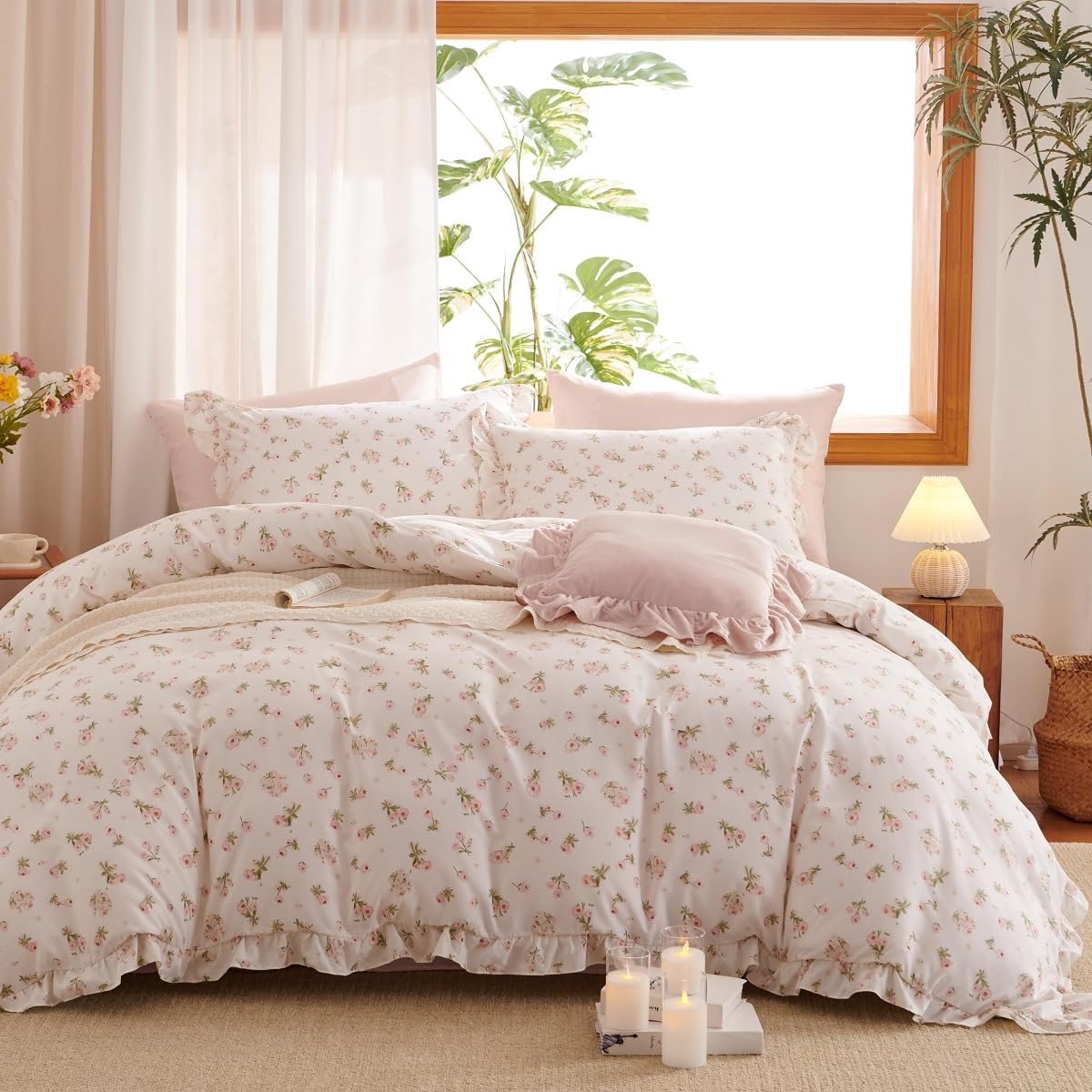 Dekbedovertrekset 135x200 cm - Bloemendessin - Met Ritssluiting - Roze