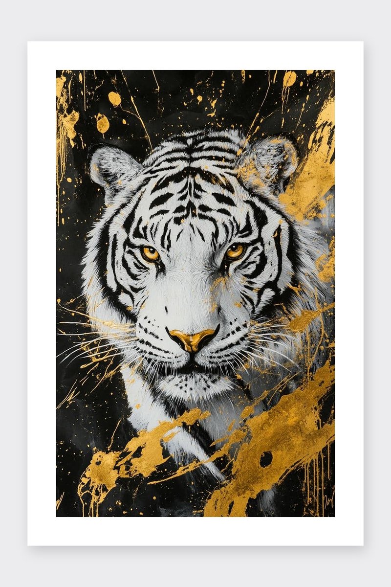 Witte Tijger Poster - Portret - Dieren - Krachtig - Kunst - Aquarel - Wilde Dieren - posters - formaat 30x40cm - Wanddecoratie - BXS5315CW - Met kader - passe-partouts stijl