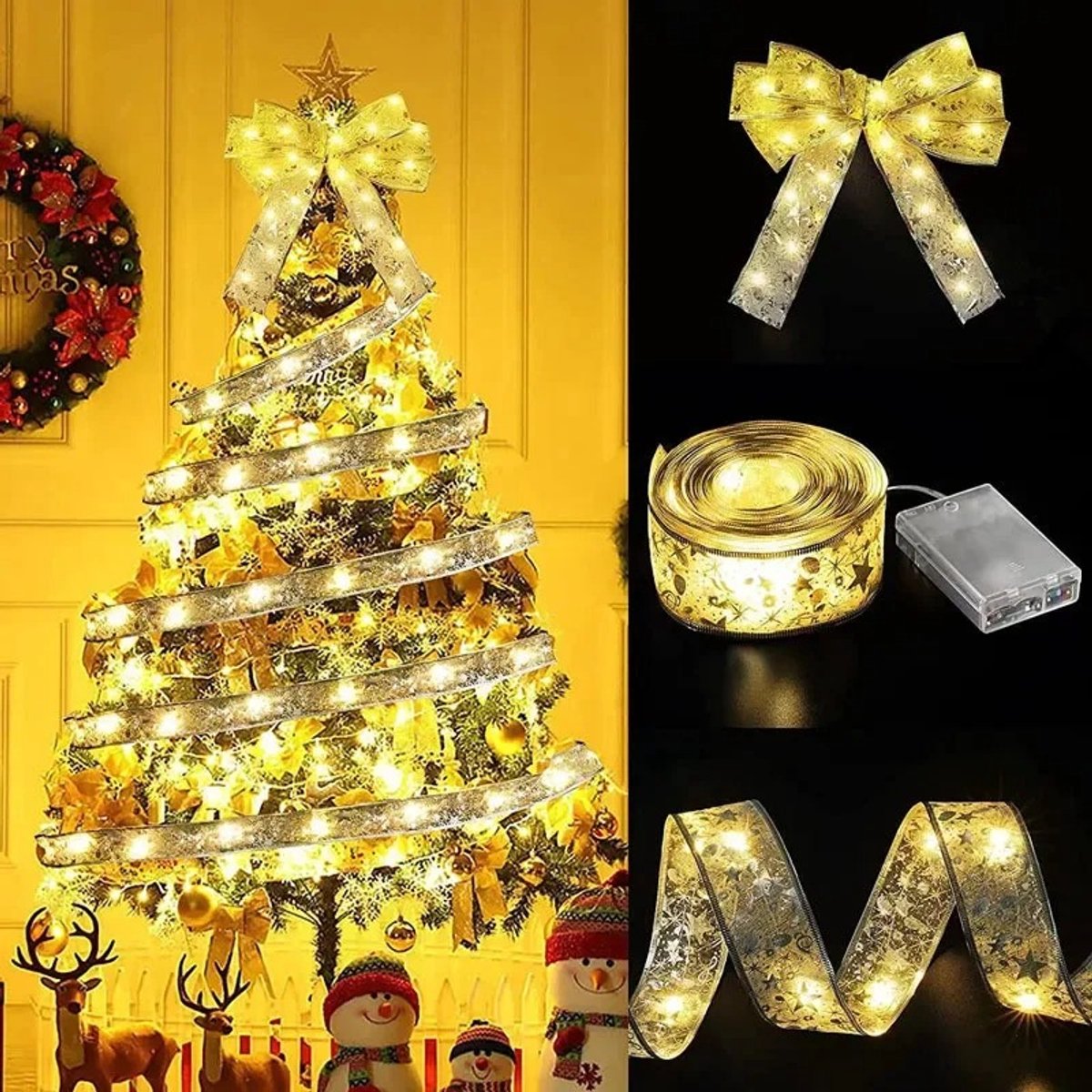 Set van 2 kerstlint-lichtsnoeren (5 m) – LED-lichtsnoer met lint en koperdraad, op batterijen – voor kerstboom, tuin, bruiloft en nieuwjaarsfeest (goud, warm licht)