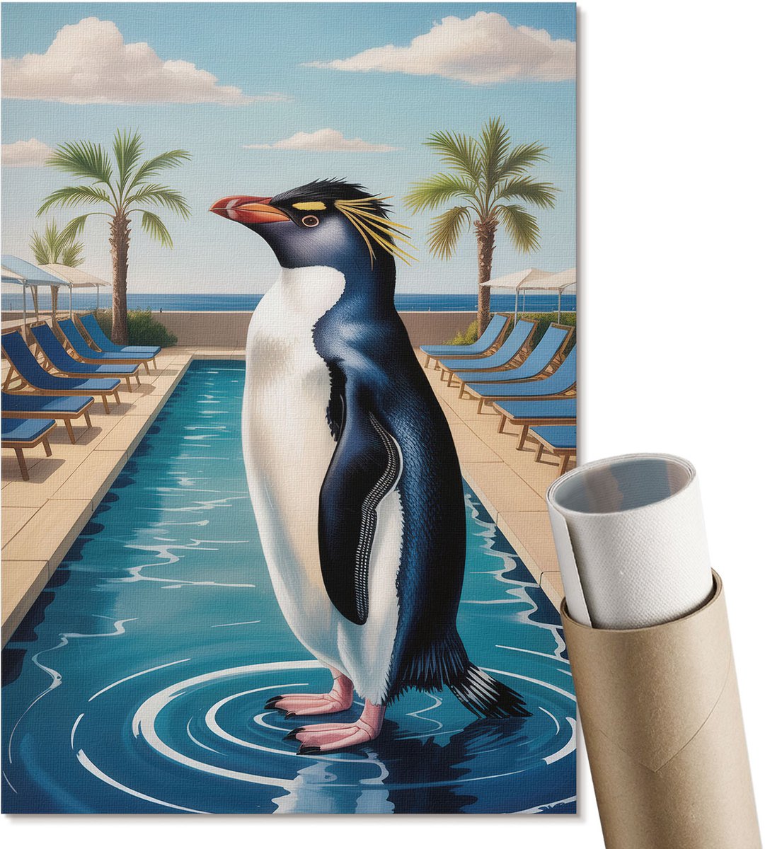Coloray Polycanvas Poster - Pinguïn Op Vakantie, Illustratie - A4 - Blauw Illustratie - Rechthoek - Decoratieve poster - Woonkamer, Slaapkamer, Kantoor - Expressief