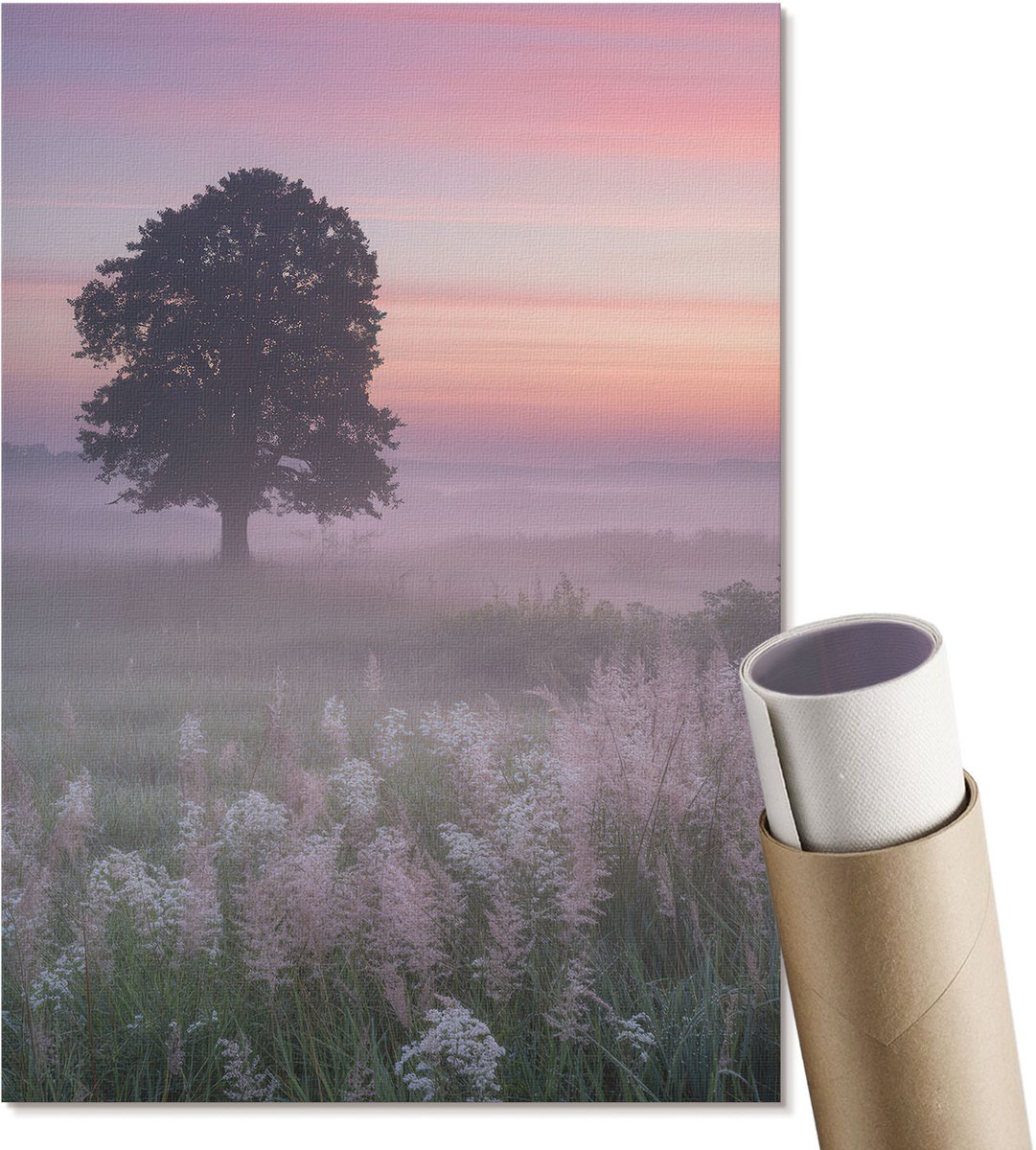 Coloray Polycanvas Wandposter - Een Boom In De Wei., Fotografie - A4 - Roze Design - Rechthoek - Canvasposter - Woonkamer, Slaapkamer, Kantoor - Klassiek