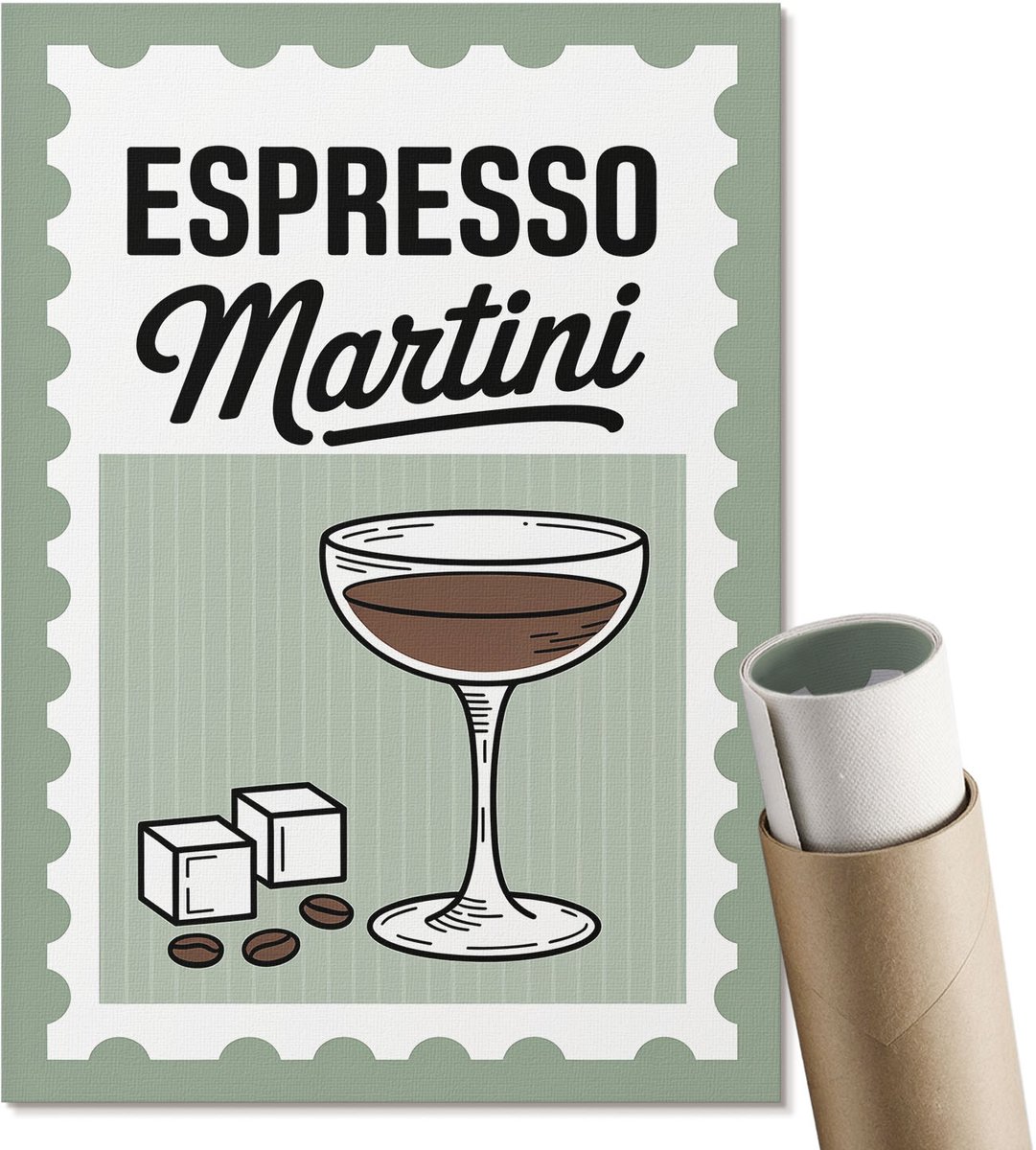 Coloray Polycanvas Wandposter - Espresso Martini, Illustratie - A4 - Wit Design - Rechthoek - Canvasposter - Woonkamer, Slaapkamer, Kantoor - Retro